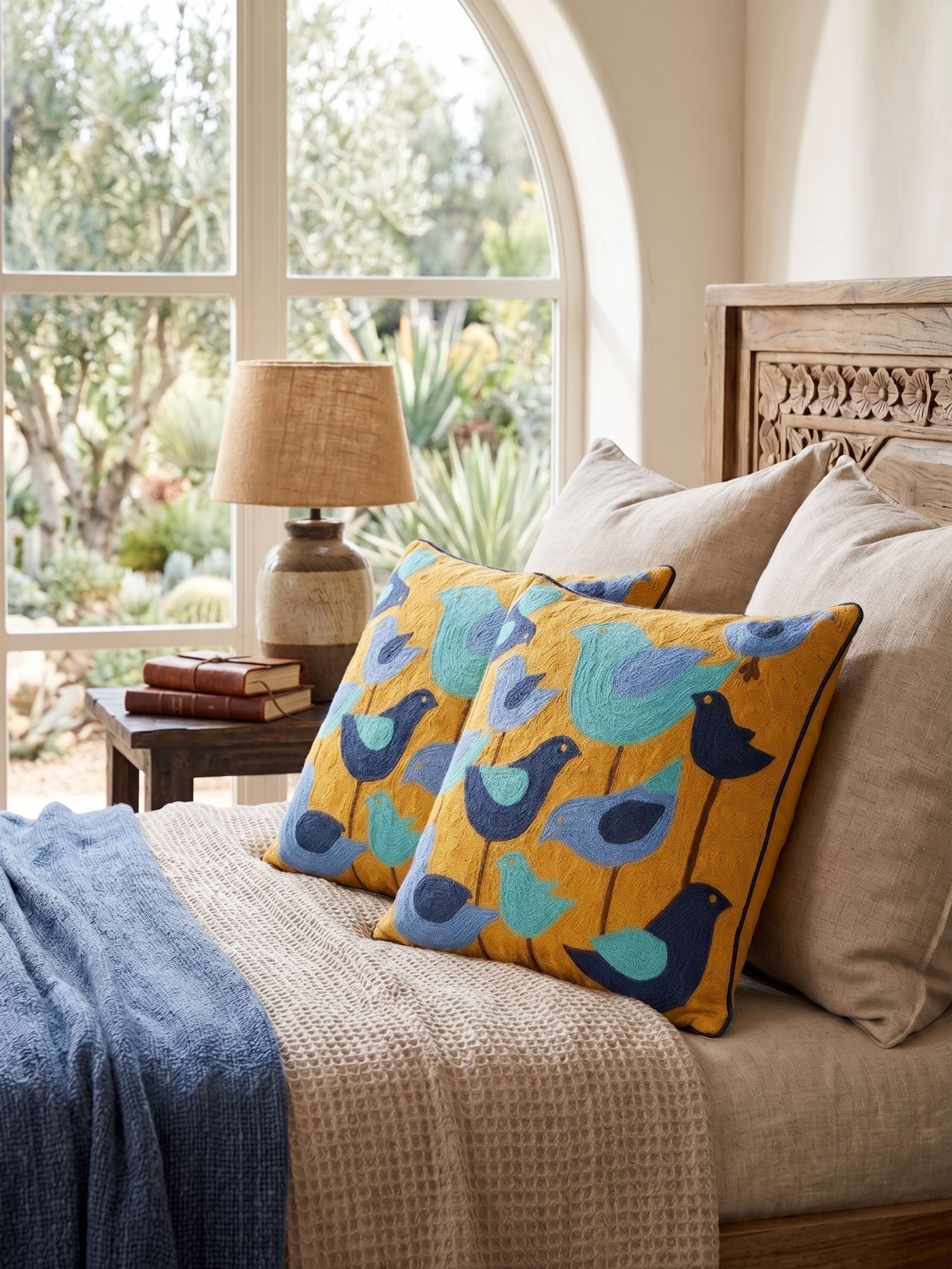 Hand embroidered bird motif pillow cover in mustard and blue tones styled on a bed with neutral cushions and soft natural light