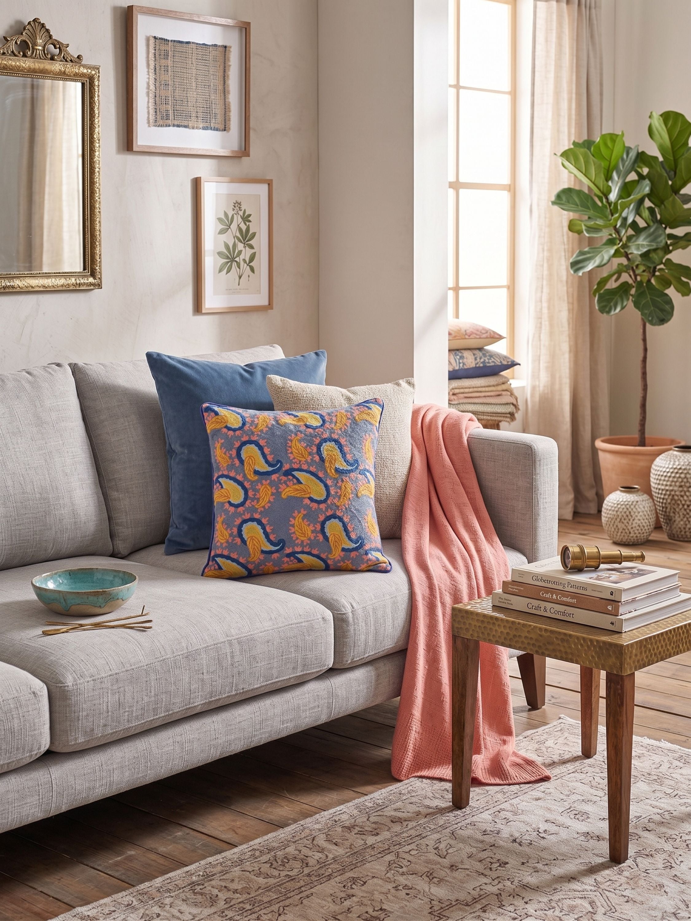 Hand embroidered abstract paisley pillow cover in blue and orange tones styled on a sofa with neutral cushions, throw, and side table