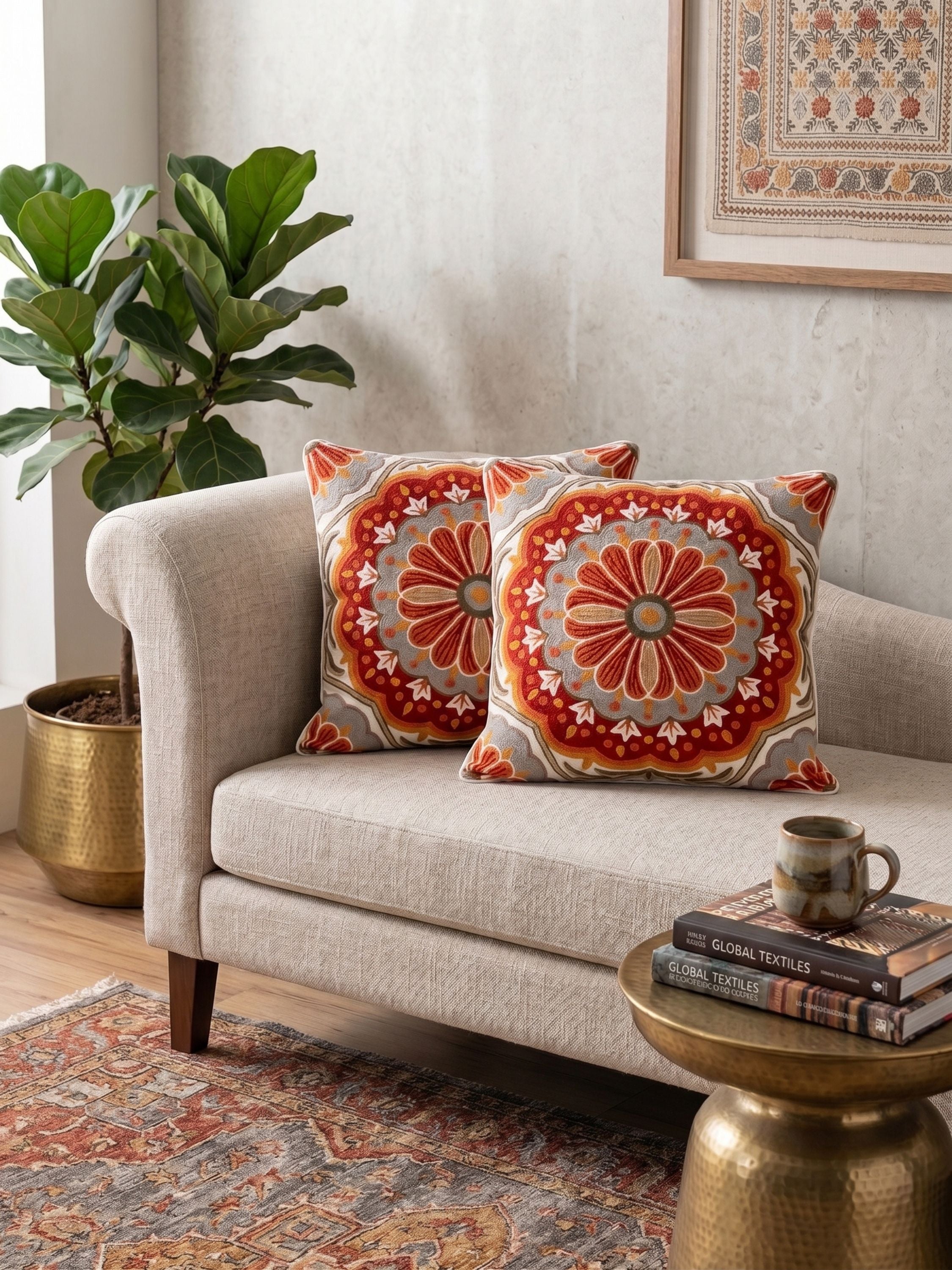 Hand embroidered medallion floral pillow cover in red and orange tones styled on a neutral sofa with layered cushions and warm living room setting