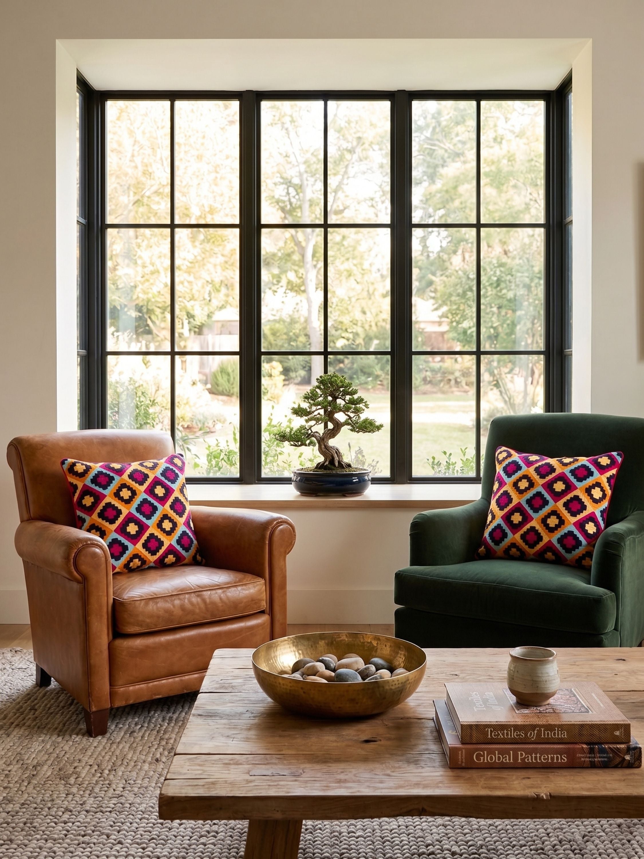 Hand embroidered geometric diamond pillow cover in multicolor tones styled on accent chairs in a warm, sunlit living room setting