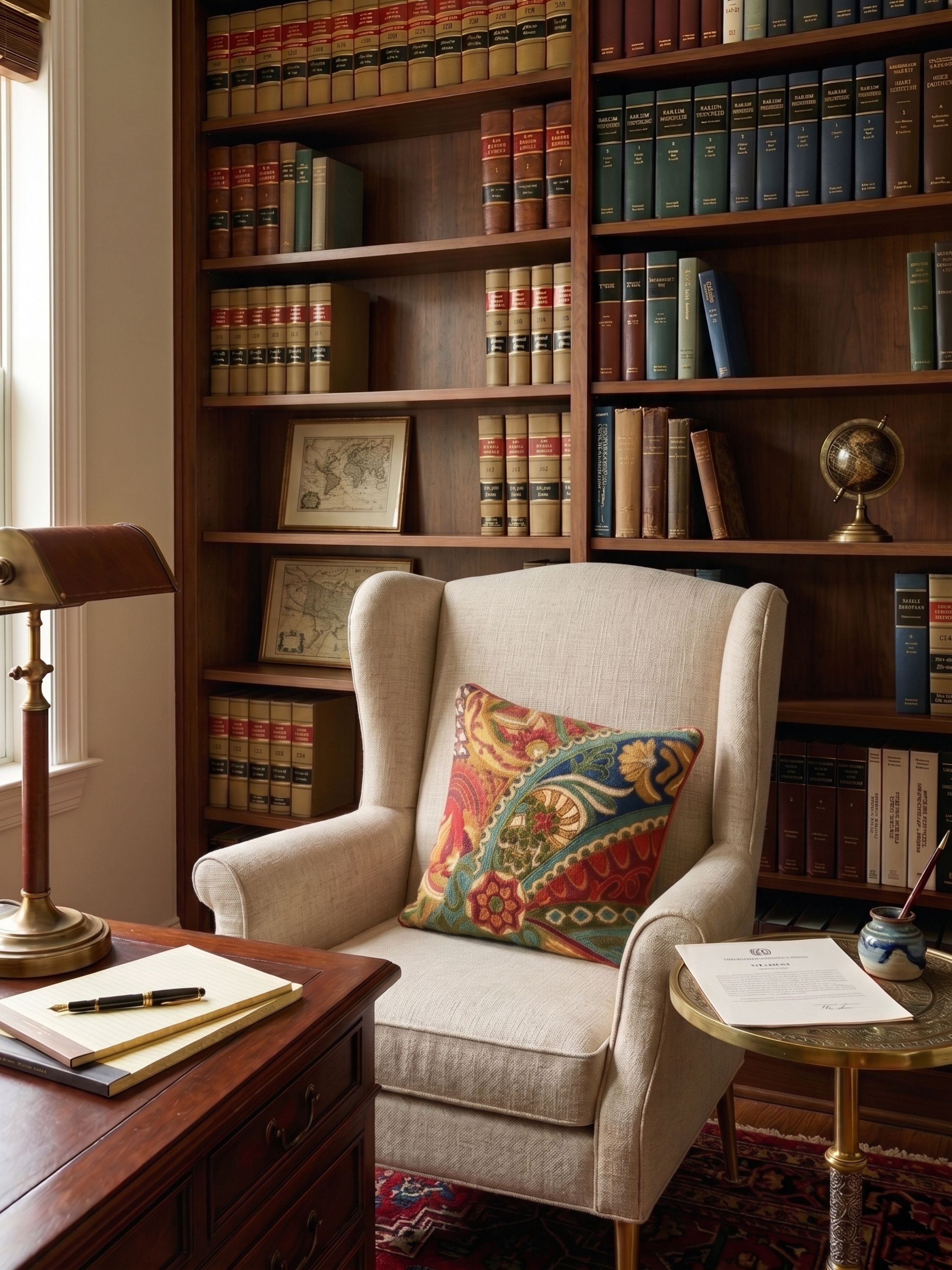 Hand embroidered paisley ornamental pillow cover in rich multicolor tones styled on a beige armchair in a classic library setting with wooden bookshelves