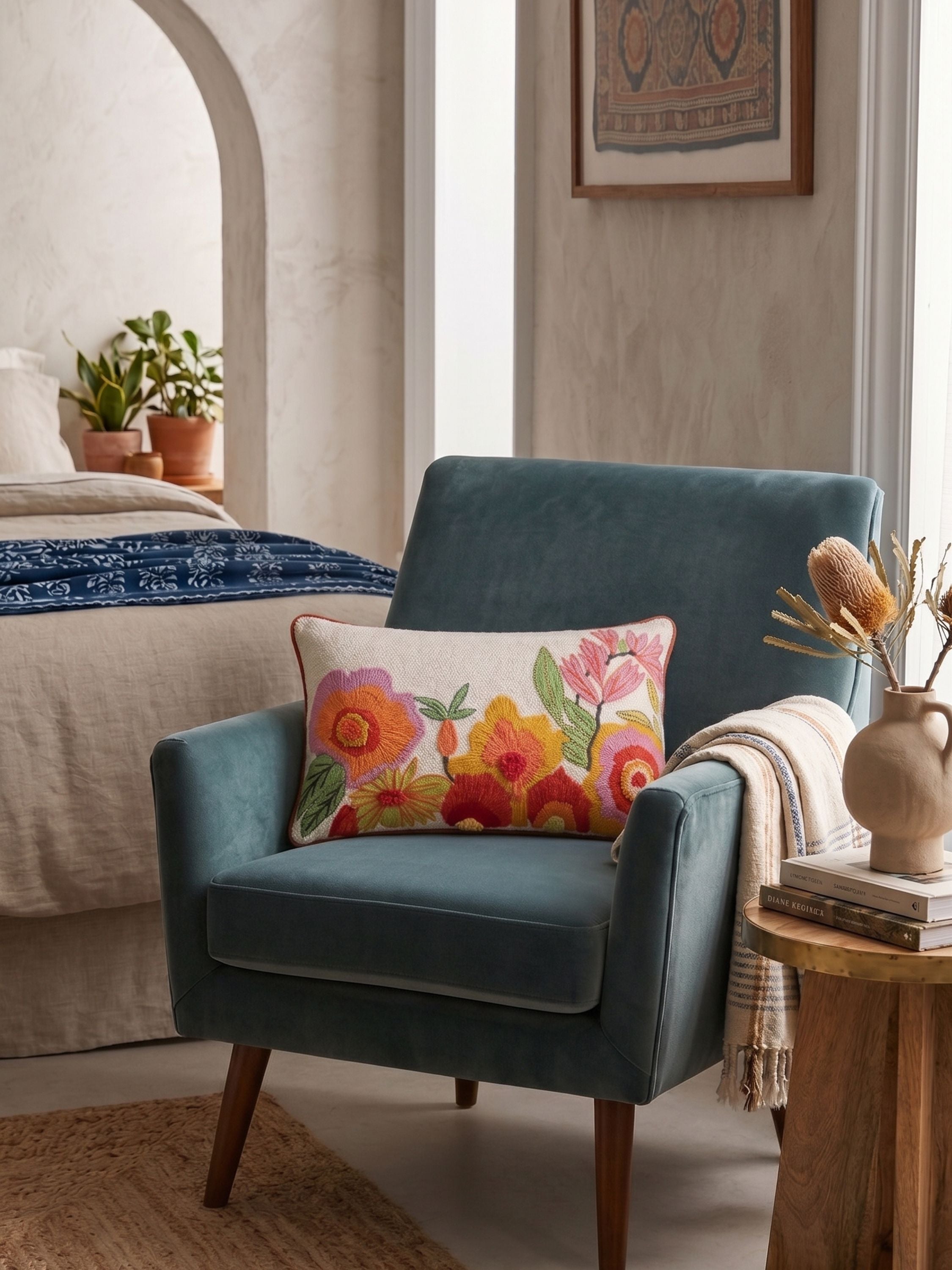 Hand embroidered bold floral lumbar pillow cover in vibrant multicolor tones styled on a teal accent chair in a bedroom setting