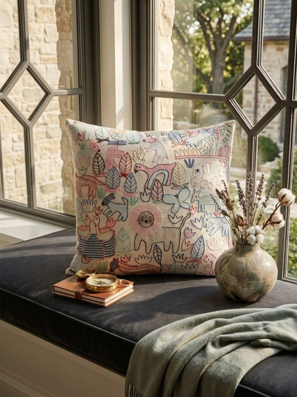 Phoenix cream cotton pillow with embroidered animals and leaves, on a window seat beside a green throw.