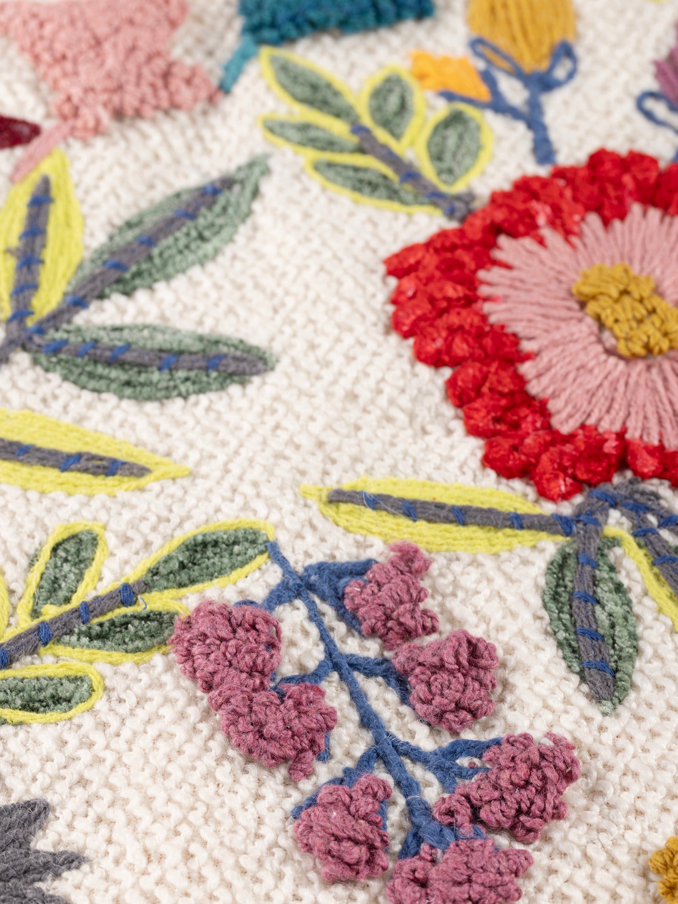 Handwoven Cotton Throw Pillow with Colorful Floral Embroidery – A stylish and unique pillow with detailed hand-stitched flowers and foliage in a vibrant palette, perfect for eclectic home decor