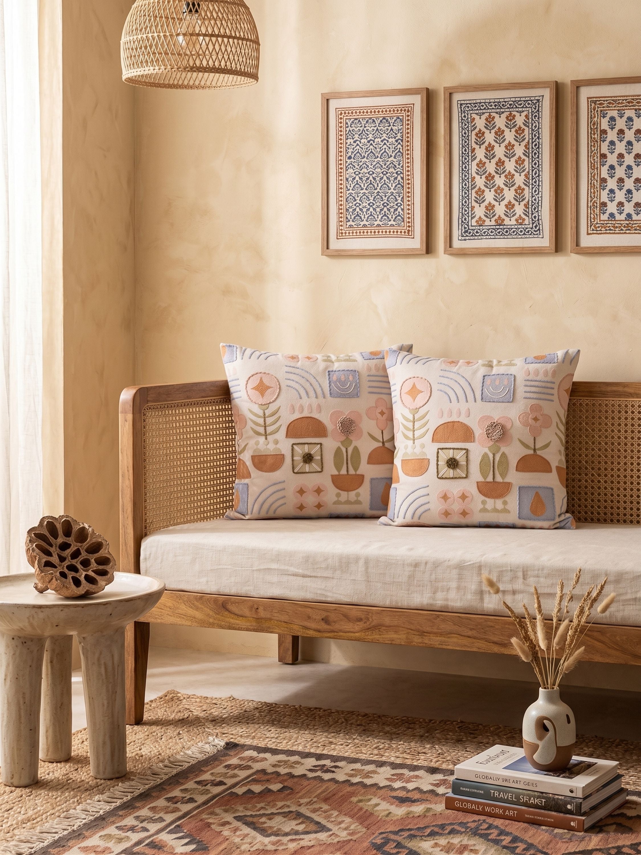 Hand embroidered geometric pattern pillow cover in muted multicolor tones on an ivory base styled on a wooden bench with neutral interiors