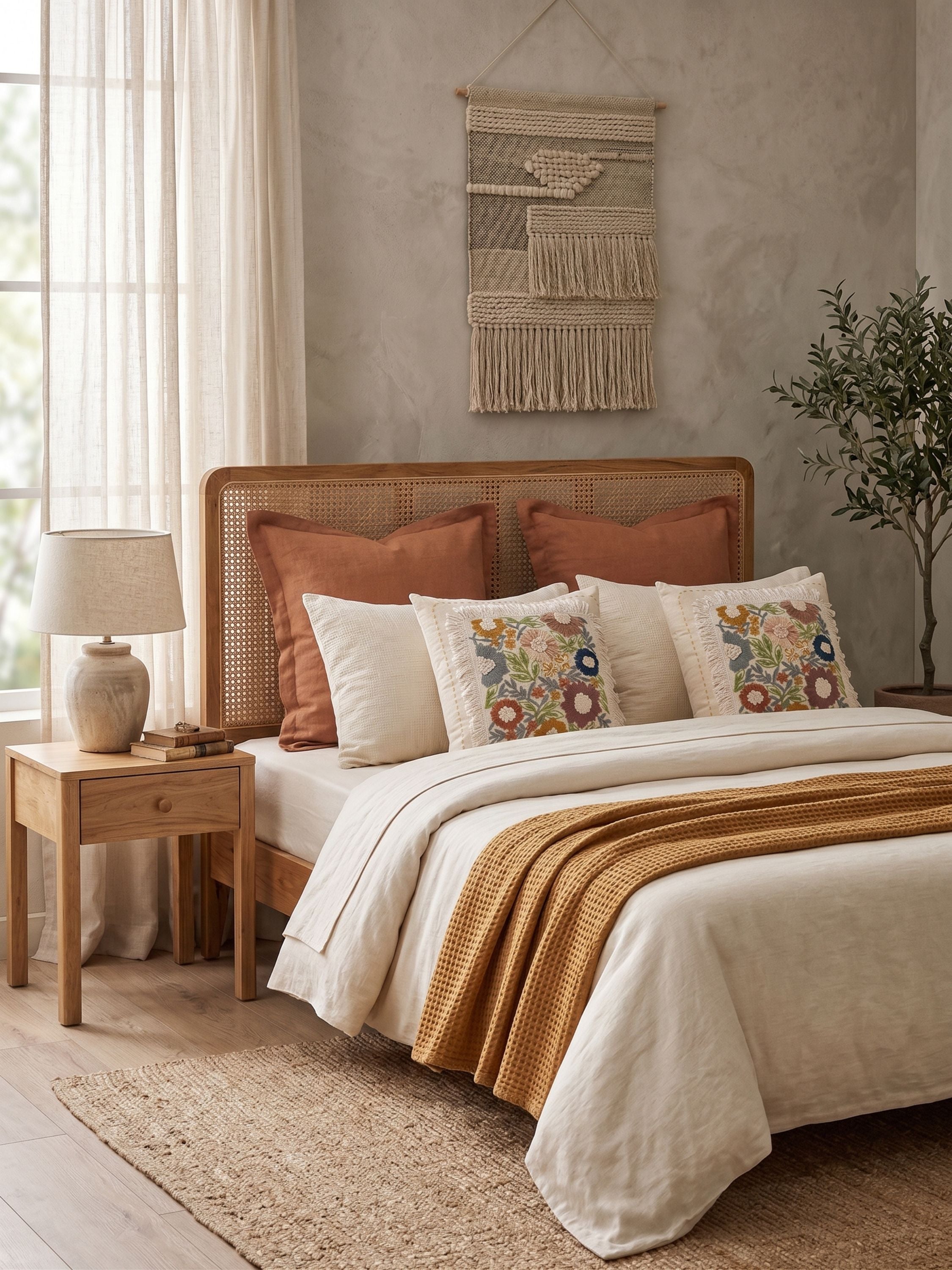 Hand embroidered floral accent pillow cover in soft multicolor tones styled on a neutral bed with layered textiles and warm wood furniture