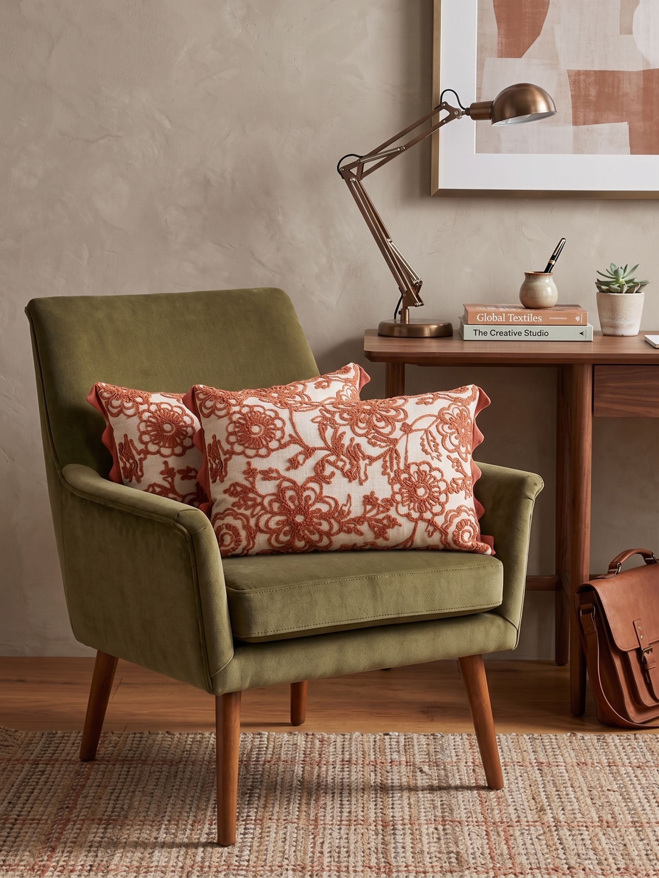 Hand embroidered floral lumbar pillow cover in rust thread on ivory base styled on a green accent chair in a warm neutral interior
