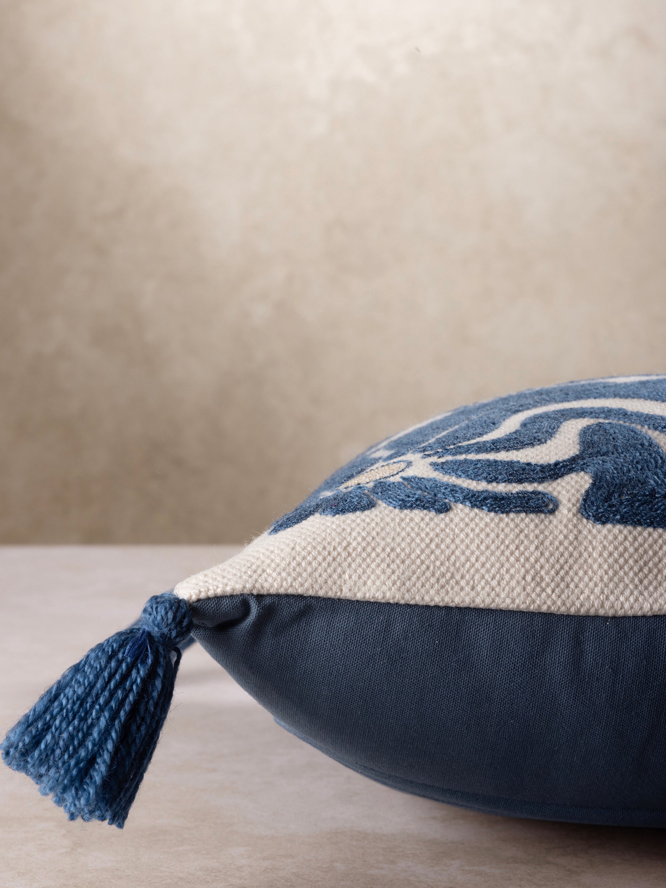 Contemporary Blue & White Embroidered Throw Pillow with Line Art – A cozy accent pillow featuring hand-stitched minimalist figures, floral designs, and celestial elements for a modern bohemian aesthetic