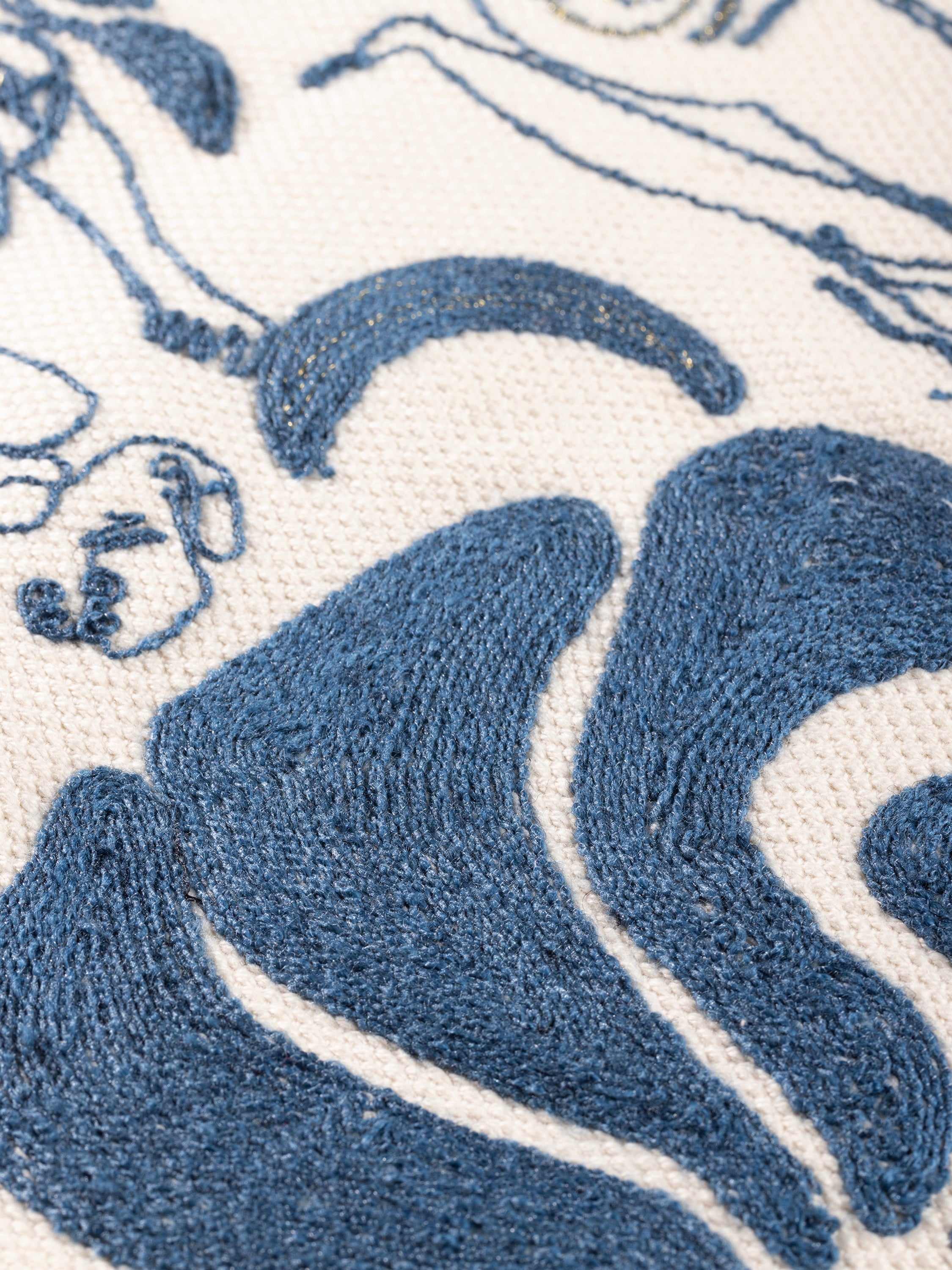 Handcrafted Decorative Pillow with Blue Abstract Art & Tassels – A unique and artistic cushion with delicate embroidery, inspired by minimalist line art and organic shapes, perfect for chic home decor