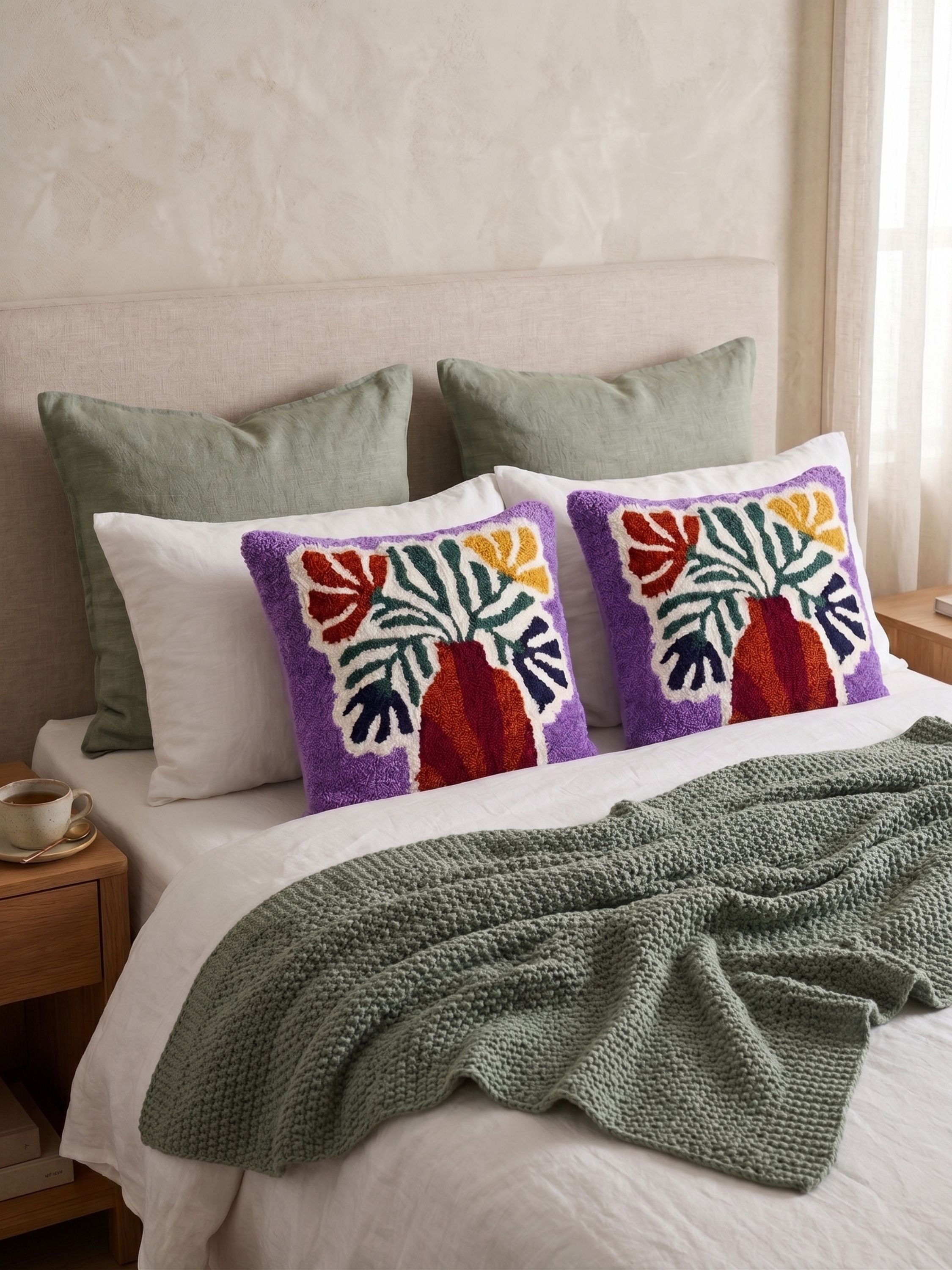 Hand embroidered tufted pillow cover with multicolor vase and botanical motif on ivory base styled on a bed with neutral bedding
