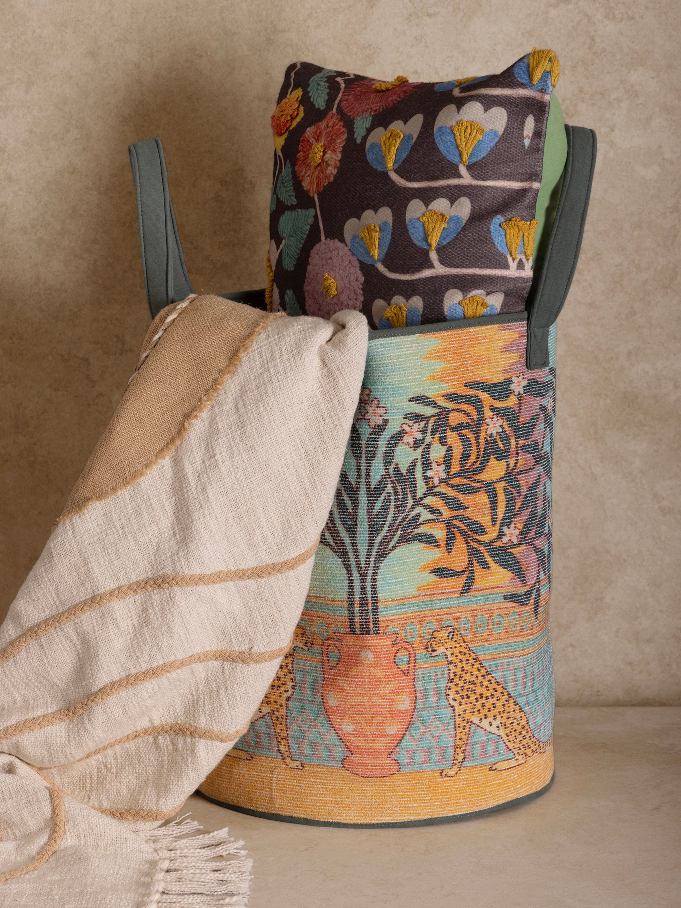 Multicolored Canvas Laundry Basket with Cheetah & Botanical Artwork – A beautifully designed storage hamper featuring soft pastel tones, intricate patterns, and a striking wildlife-inspired scene