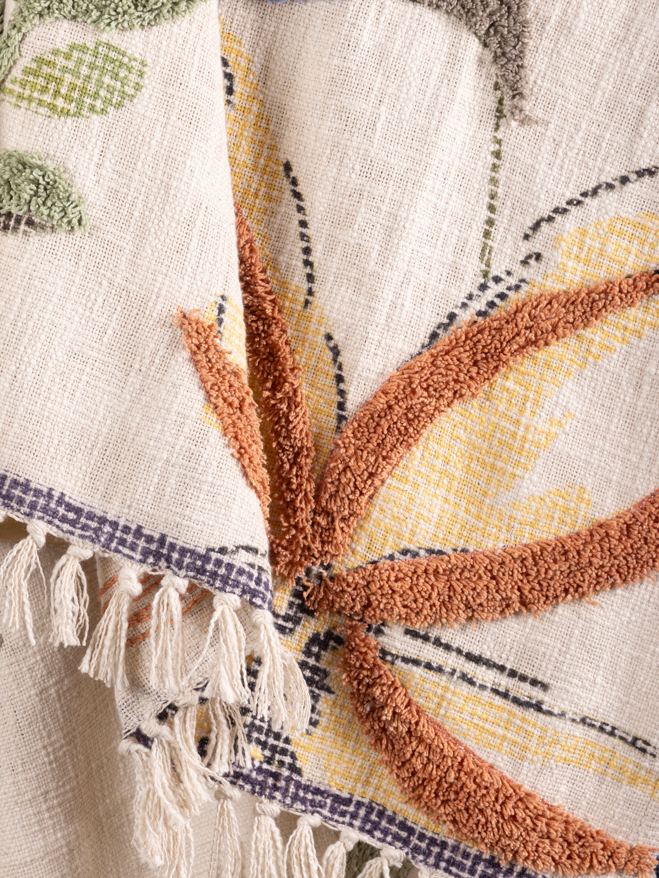 Modern Bohemian Throw with Abstract Floral Motifs & Fringe – A stylish, hand-stitched throw featuring a mix of bold and pastel botanical patterns, ideal for eclectic or contemporary decor