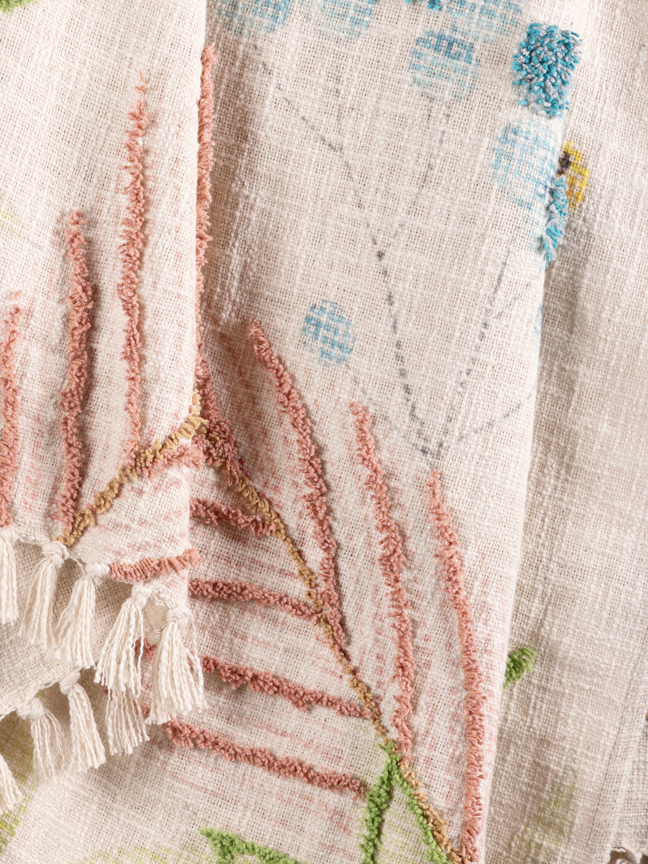 Handwoven Cotton Throw with Watercolor-Inspired Floral Embroidery – A luxurious and breathable throw with a soft cream base, detailed with delicate pastel floral designs