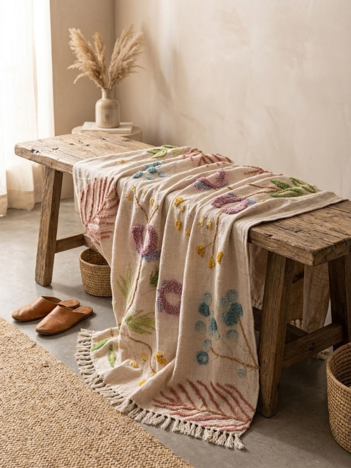 Bahara ivory cotton throw with embroidered botanicals, draped over a wood bench in an entryway.