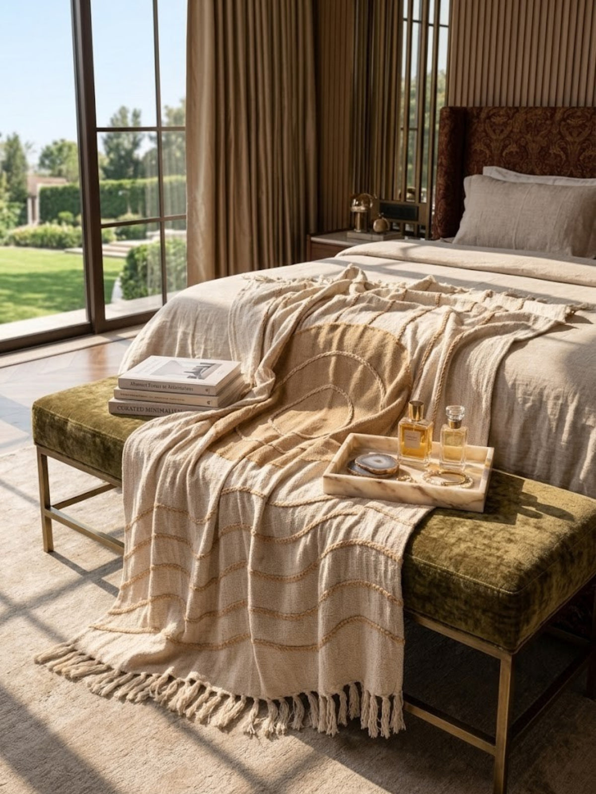 Zoya beige cotton throw with a raised sun motif, laid across the foot of a bed with fringe hanging.