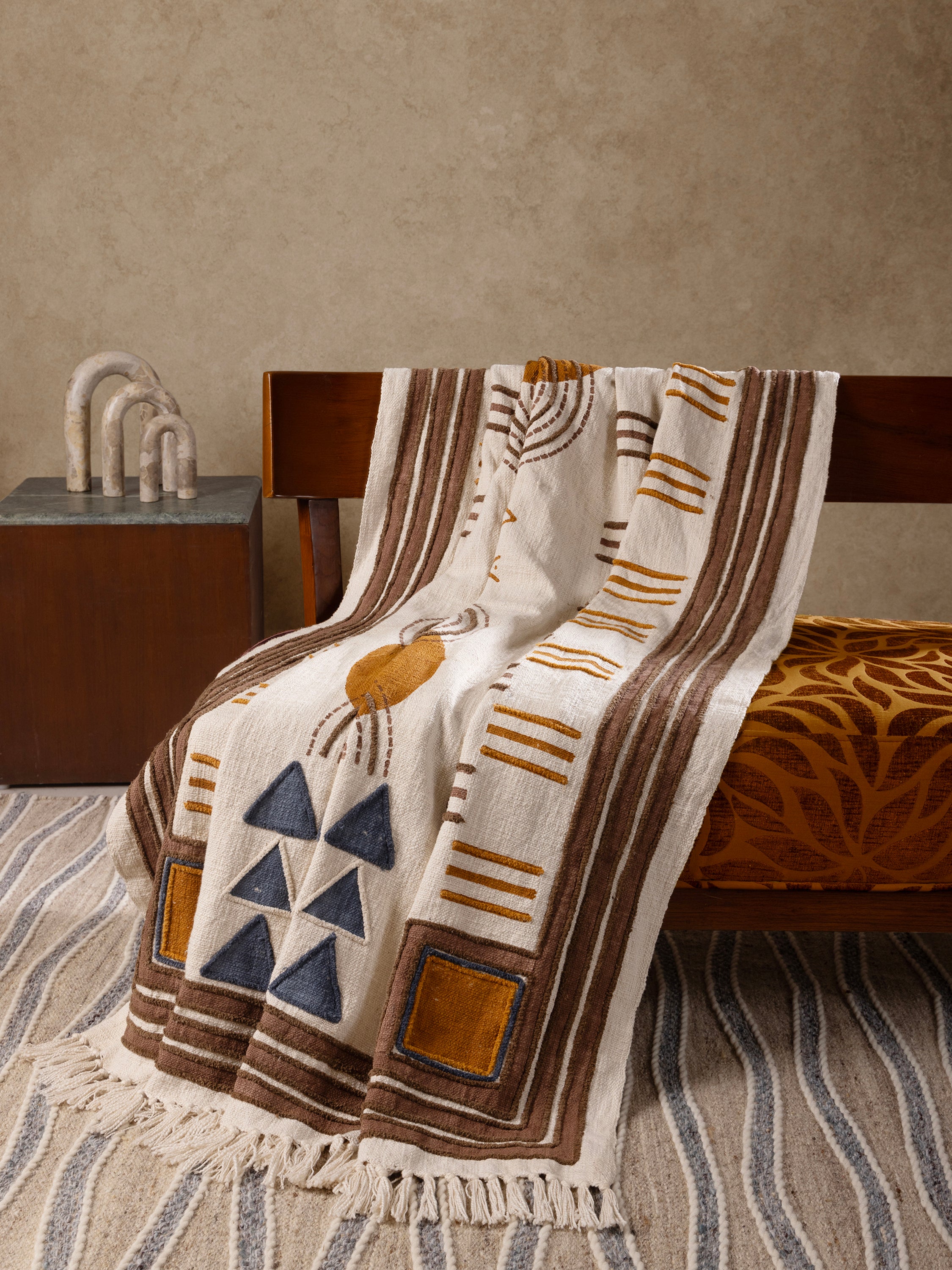 Earthy Toned Designer Throw Blanket with Fringed Edges – A cozy, artistic throw with a balance of warm browns, bold geometric shapes, and minimalistic patterns for a modern aesthetic