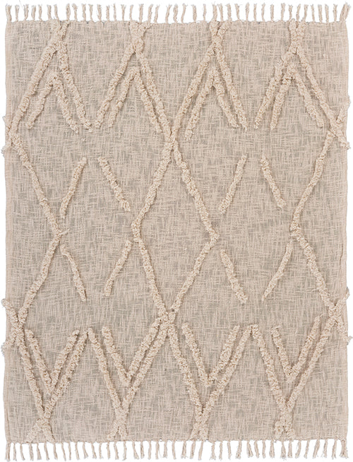Stylish beige throw blanket with tassels for home accent