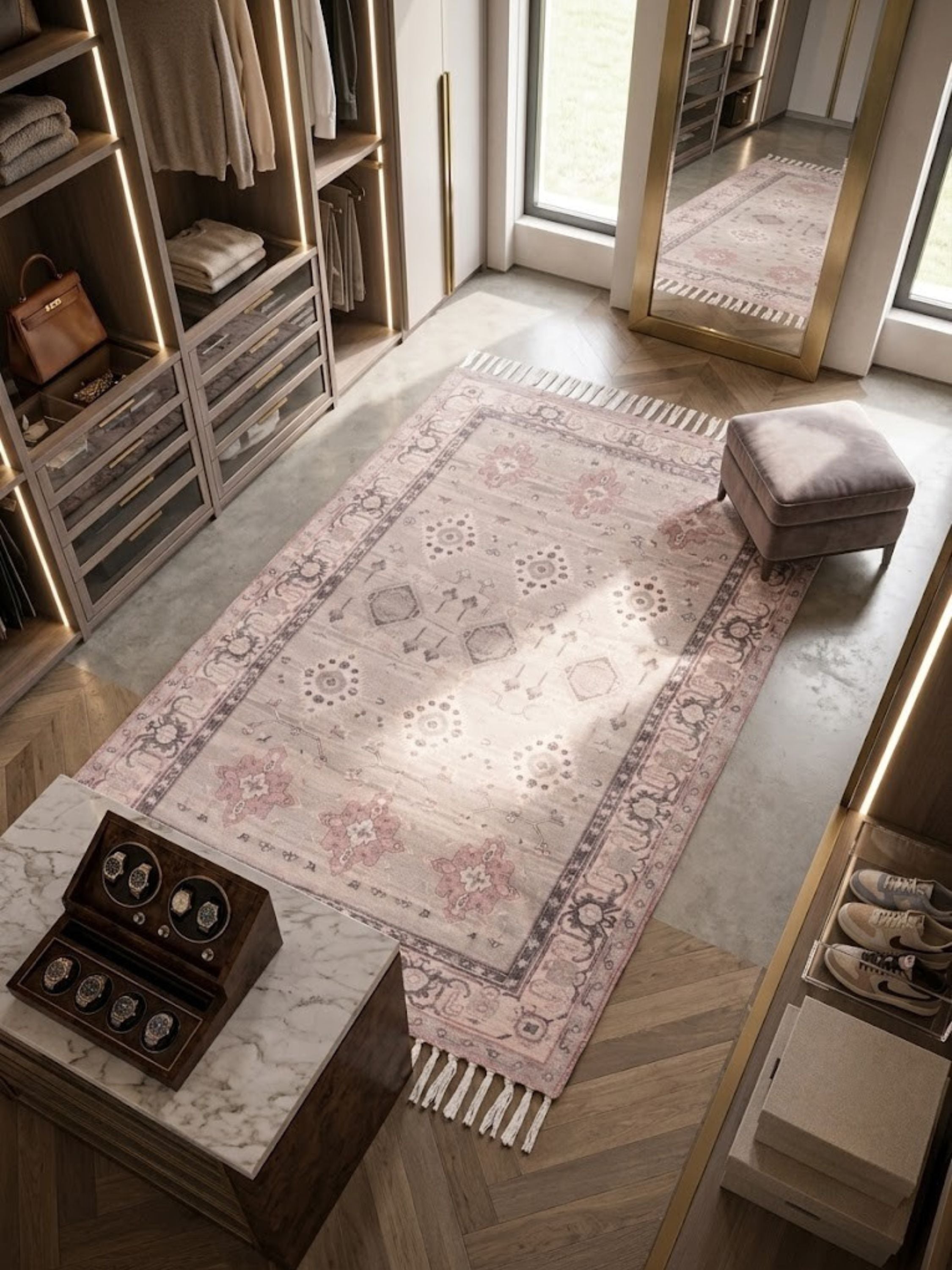 Cotton and viscose rug with a geometric border pattern, styled on a dressing room floor.