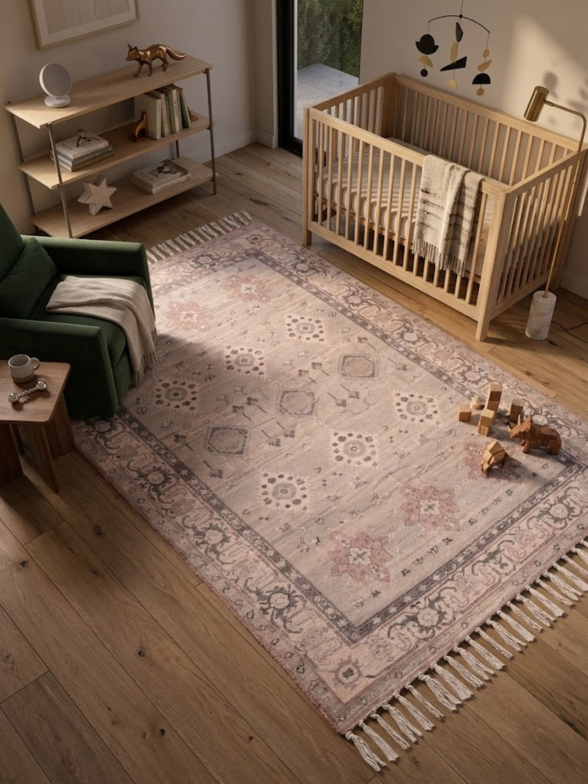 Flatwoven cotton and viscose rug styled in a soft-toned room with light furnishings.