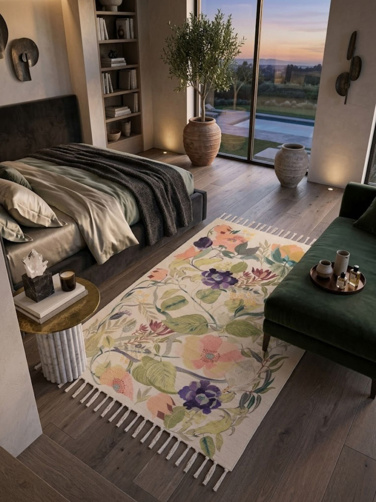 Cotton flatwoven rug styled in a bedroom under warm evening light.