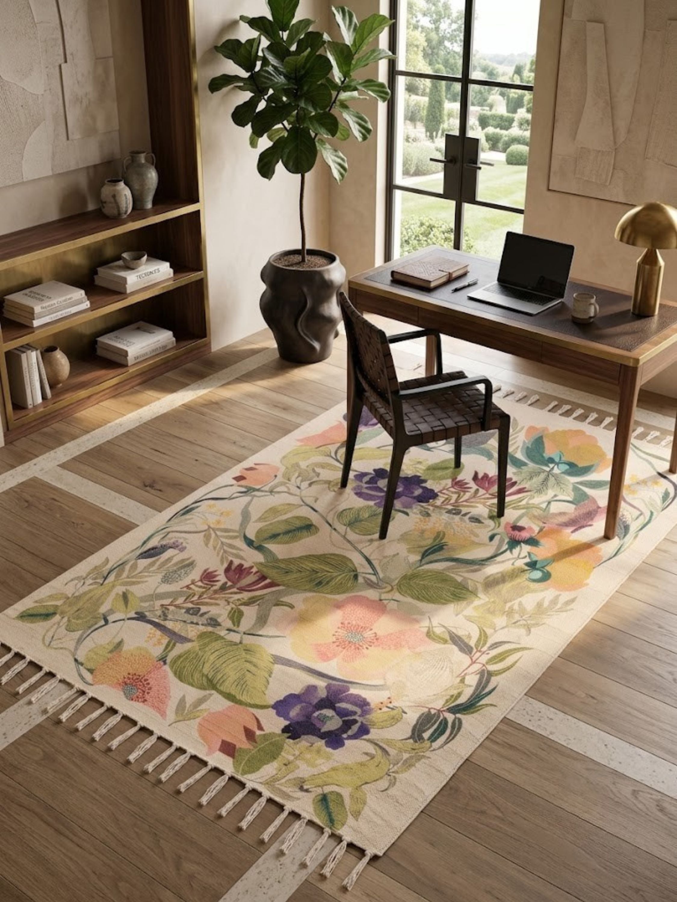 Cotton botanical rug styled in a room with a desk and chair.