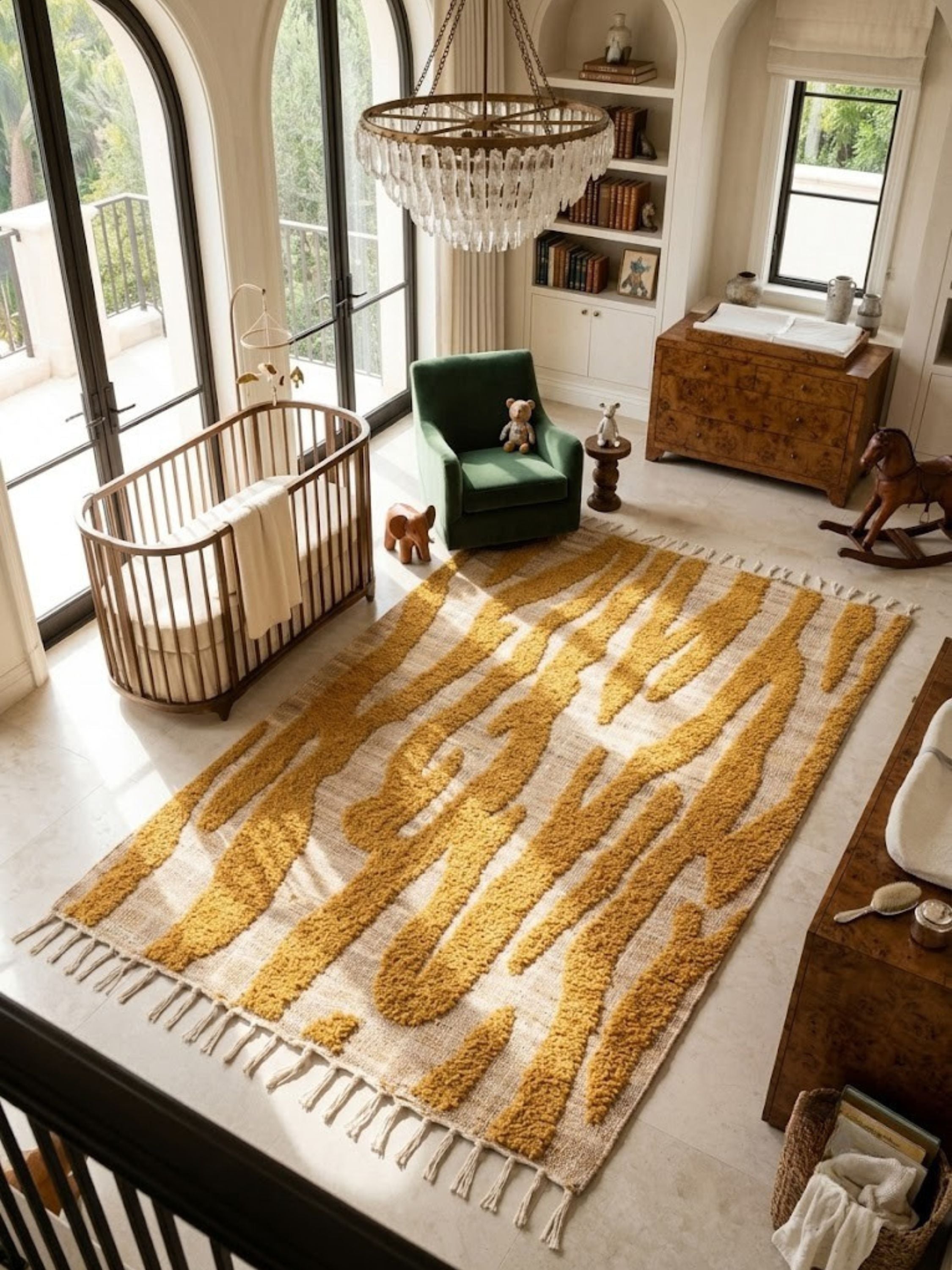 Jute, wool, and cotton rug with a mustard stripe pattern, styled in a nursery.