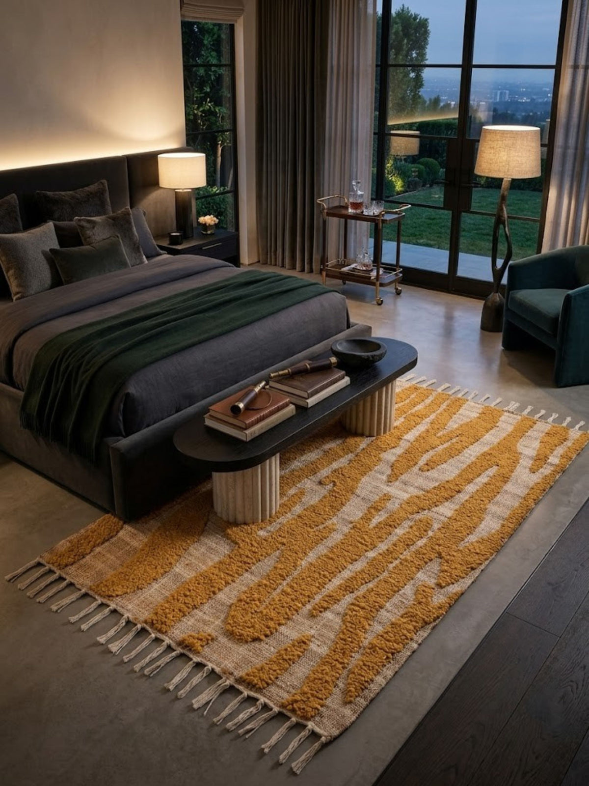 Jute, wool, and cotton rug with a high-low pile texture, styled in a primary bedroom.