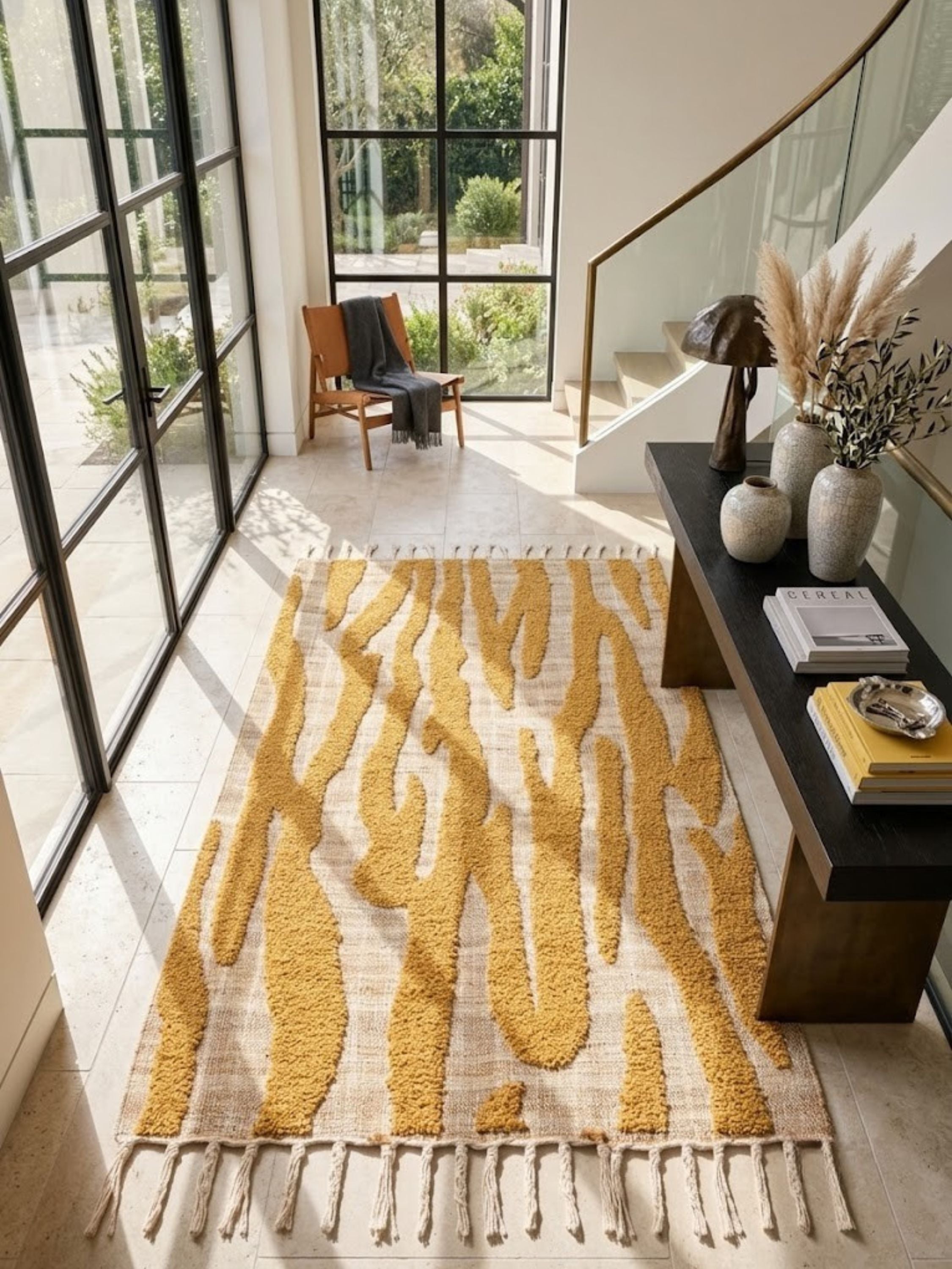 Jute, wool, and cotton rug with a woven base, styled at an entryway staircase.