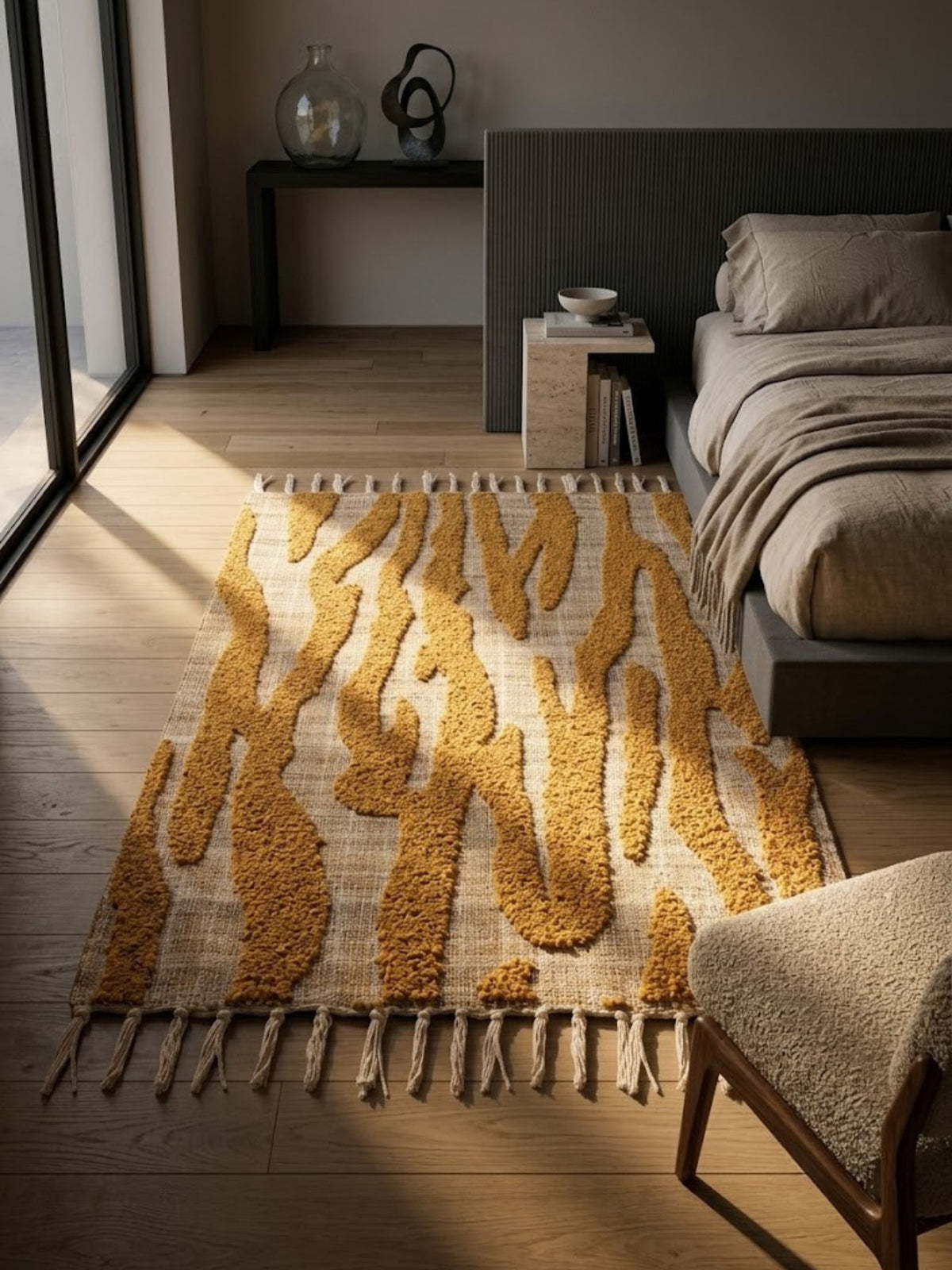Jute, wool, and cotton rug with a fringed edge, styled in a guest bedroom.