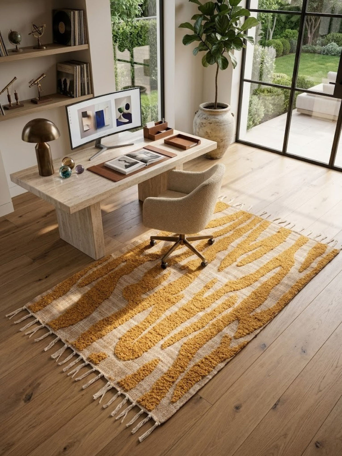 Jute, wool, and cotton rug with a raised mustard stripe texture, styled in a home office.