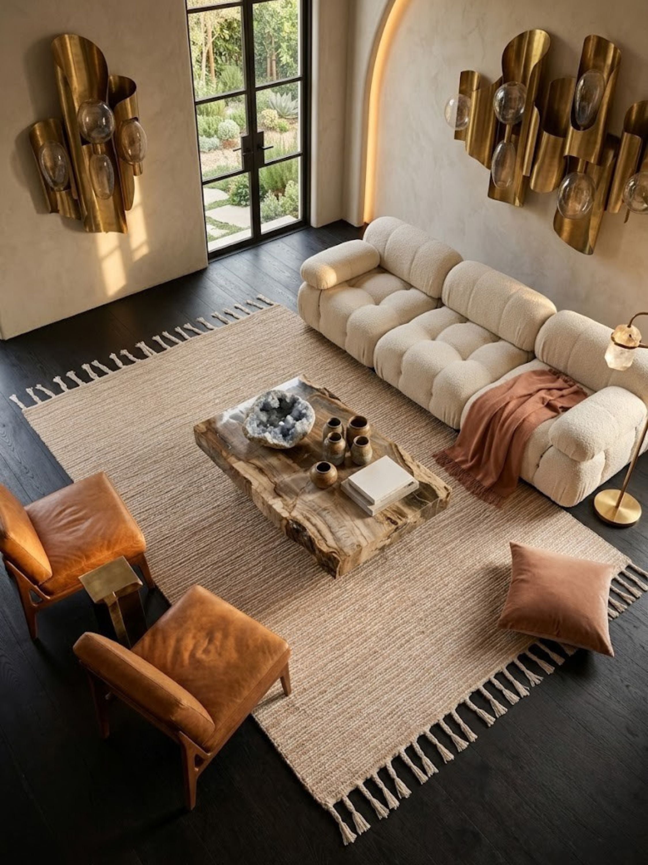 Off-white jute, wool, and cotton rug styled in a bedroom setting, tonal ribbed surface throughout.