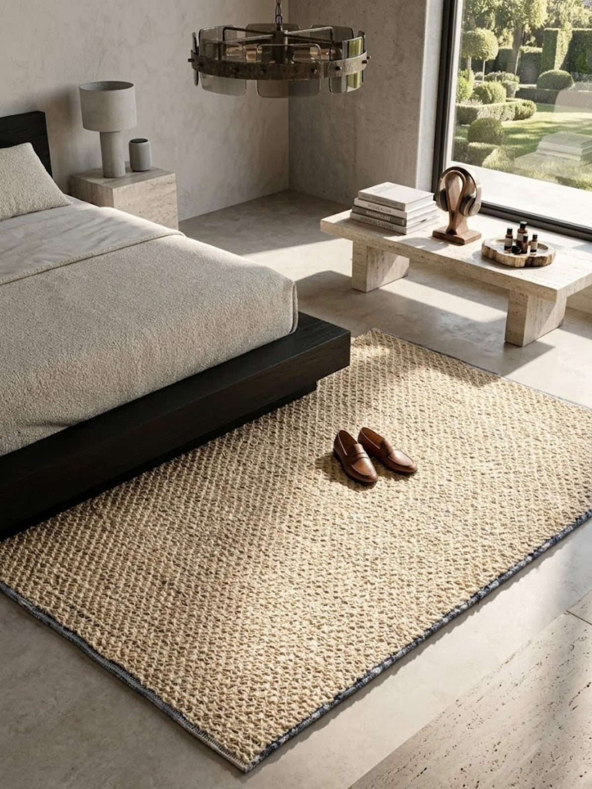 Natural jute and denim rug, open-lattice weave, styled in a bedroom beside the bed.