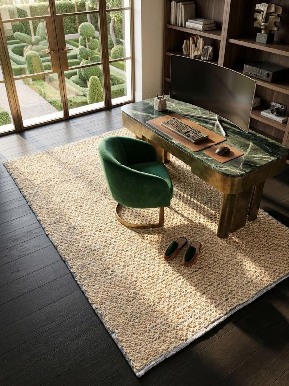 Natural jute and denim rug, open-lattice weave, styled beneath a chair and shelving.