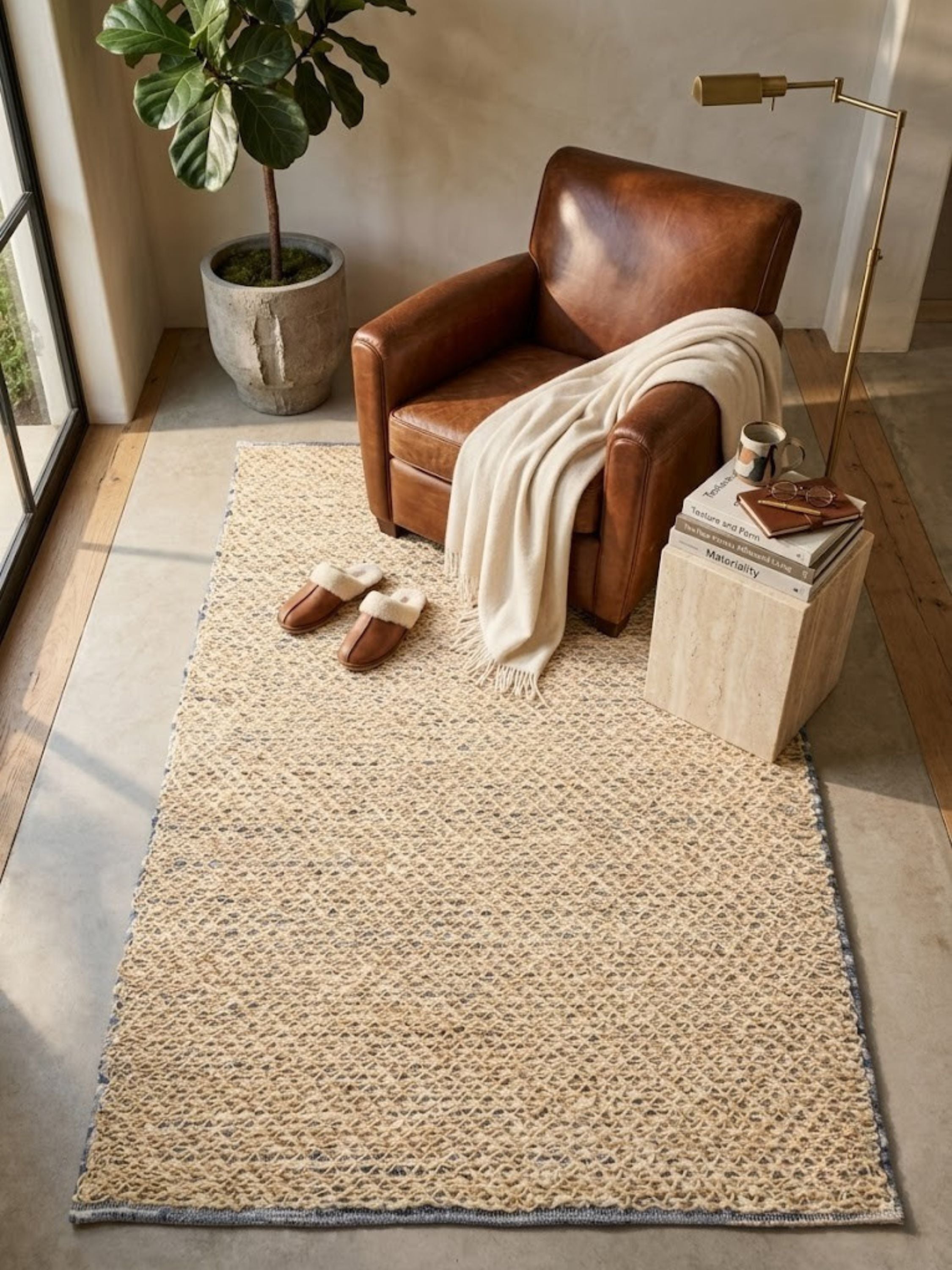 Natural jute and denim rug with bound denim edge, styled on the floor of a living space.