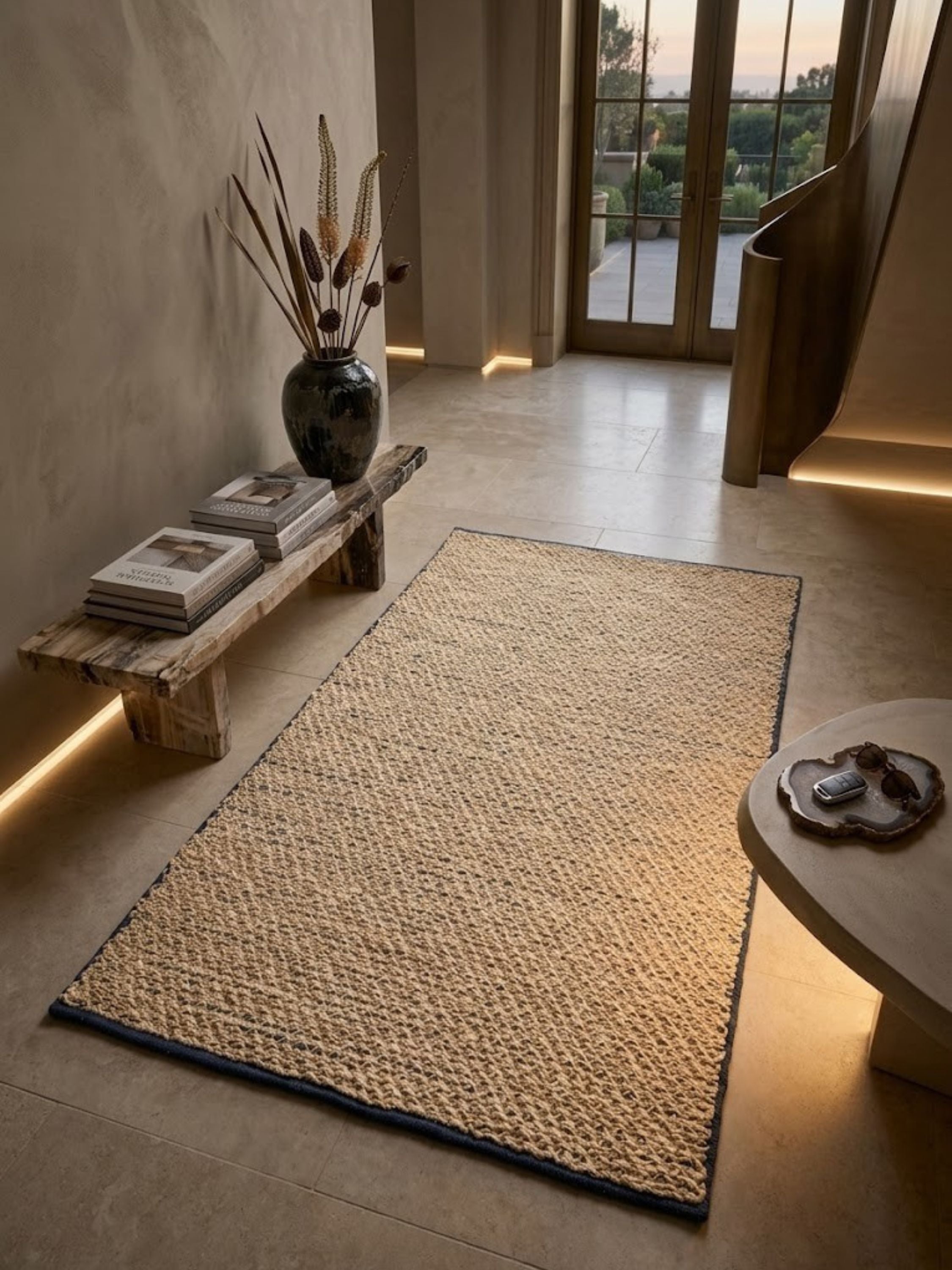 Natural jute and denim rug with denim flecking, styled in an entryway.