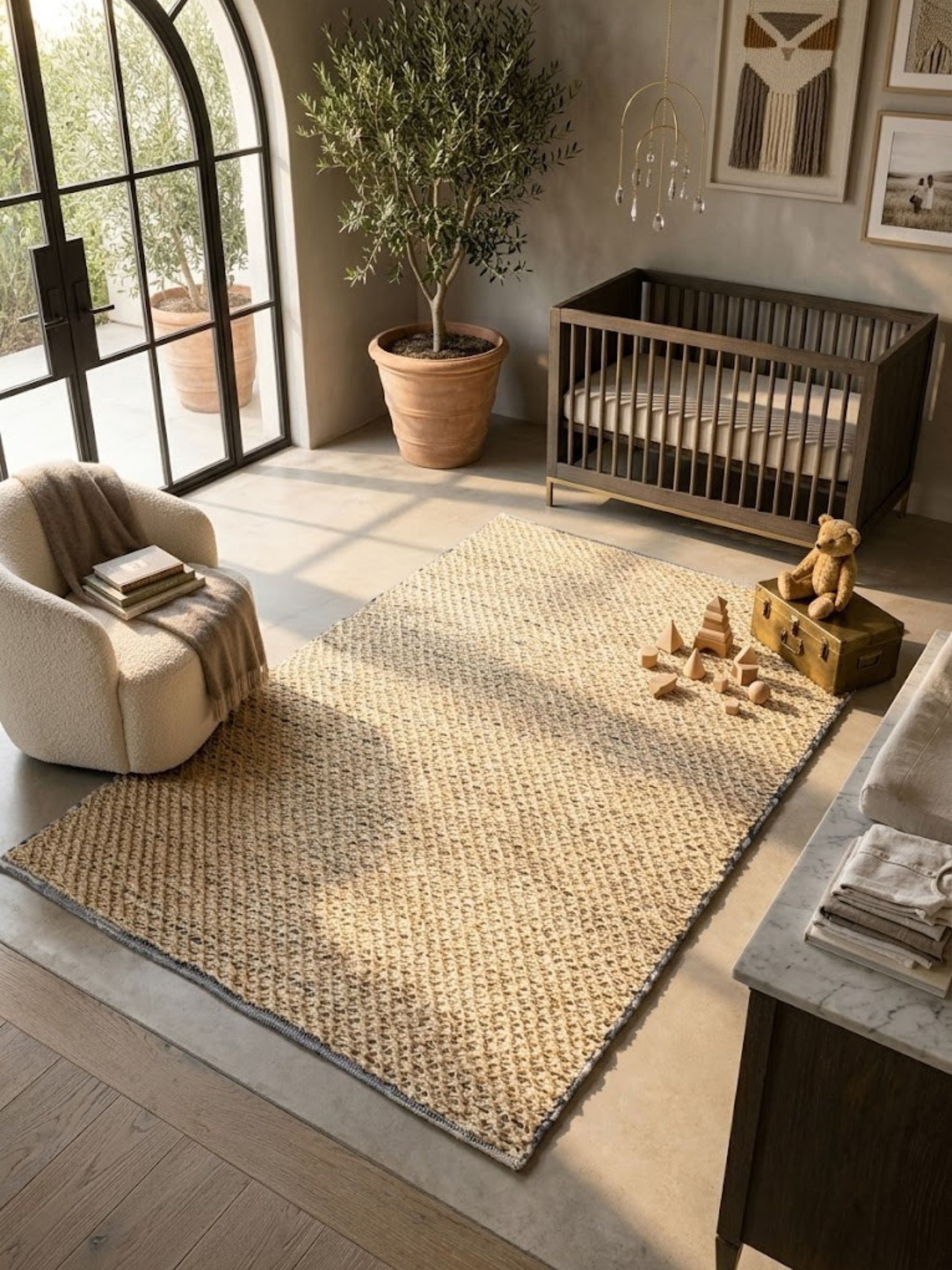 Natural jute and denim rug with textured lattice weave, styled in a room with a clothing rack.