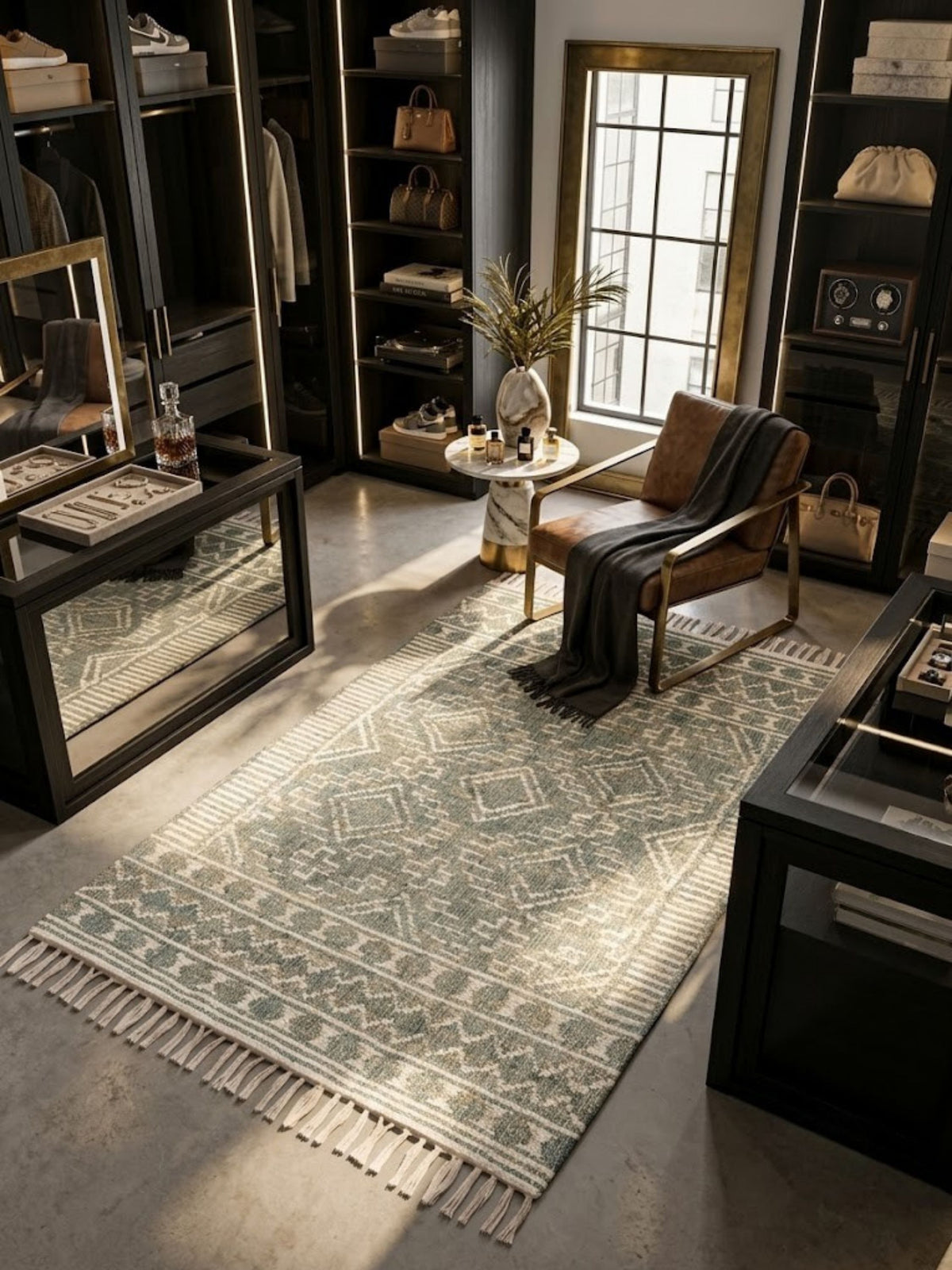 Ardmore sage and ivory flat-woven rug with stepped border bands, laid in a walk-in closet.