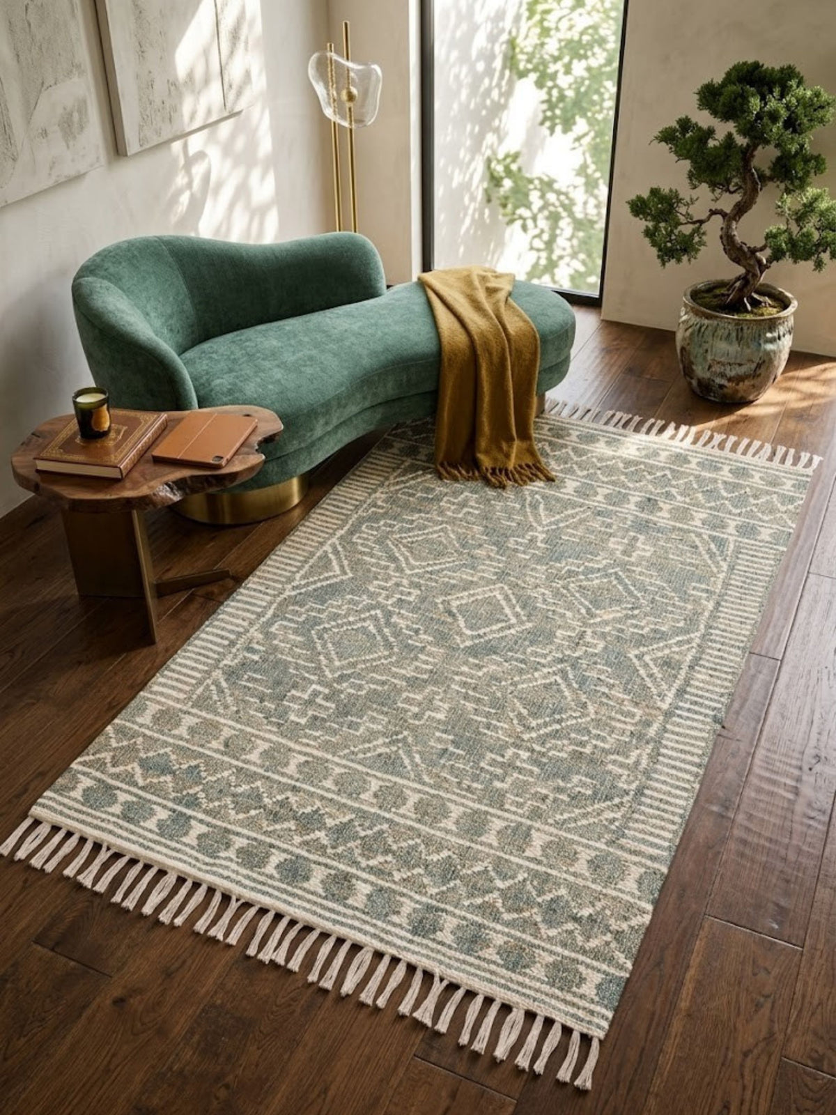 Ardmore sage and ivory flat-woven rug under a green chaise in a living room.