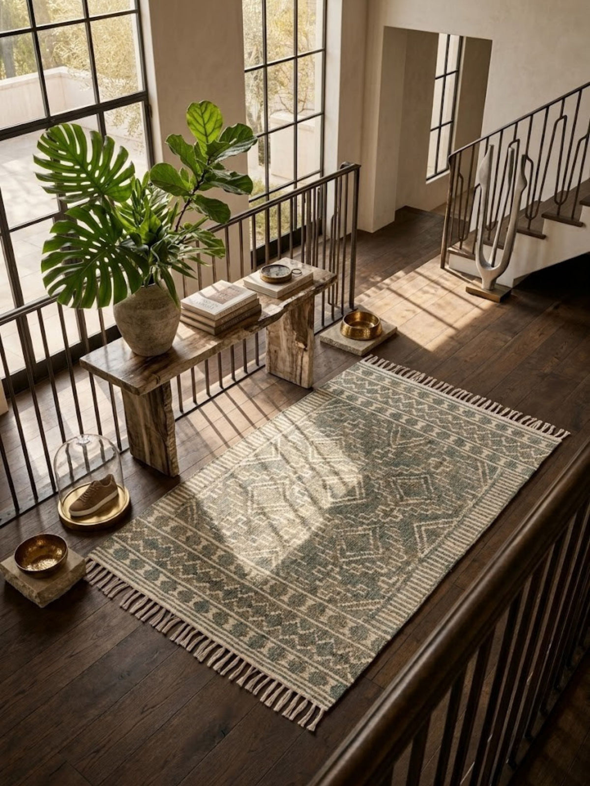 Ardmore sage and ivory flat-woven rug with fringed ends, laid on a stair landing beside a console.