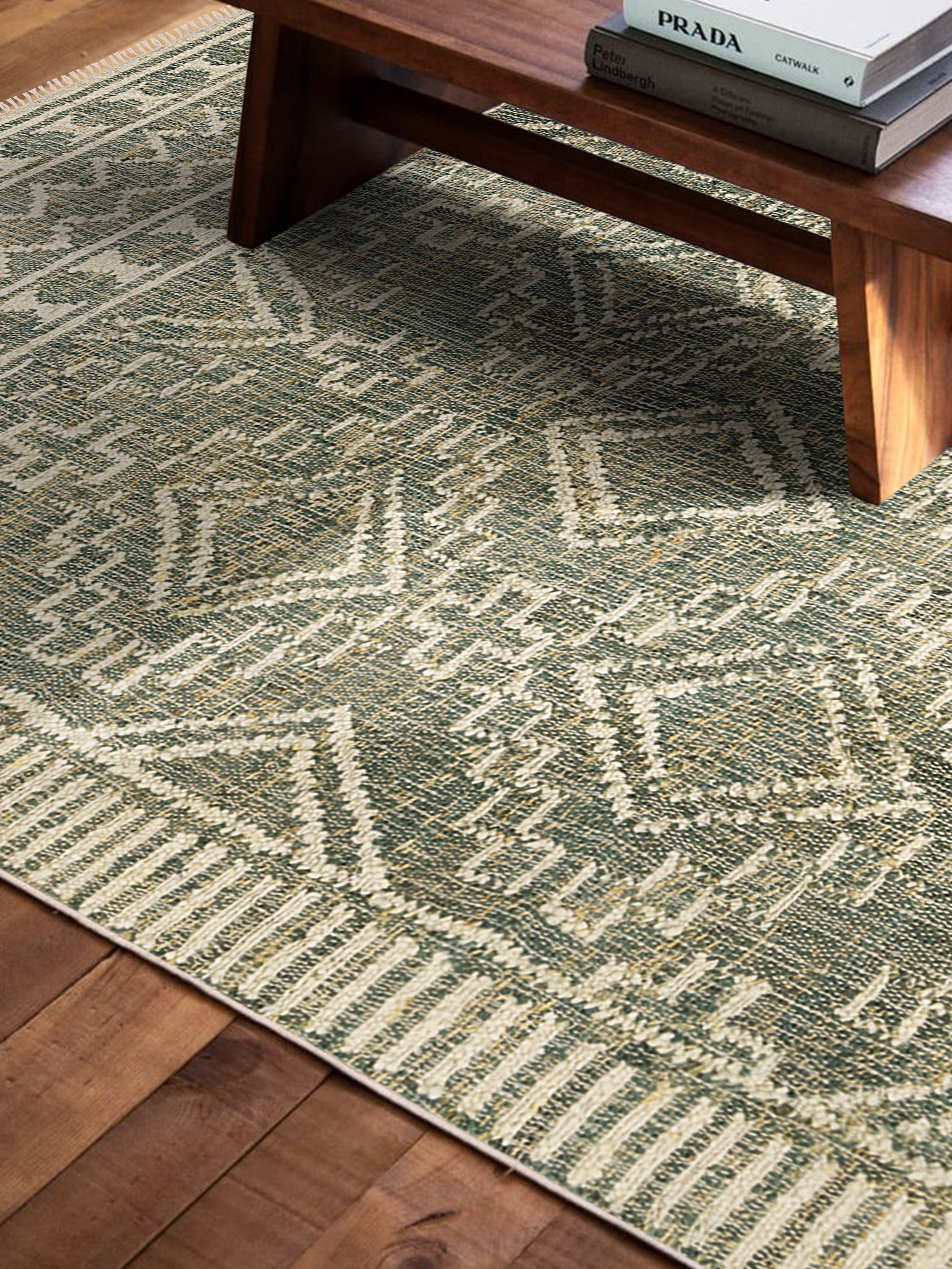 Ardmore Hand-woven Area Rug 5′×8′ — Green & Beige Geometric Pattern