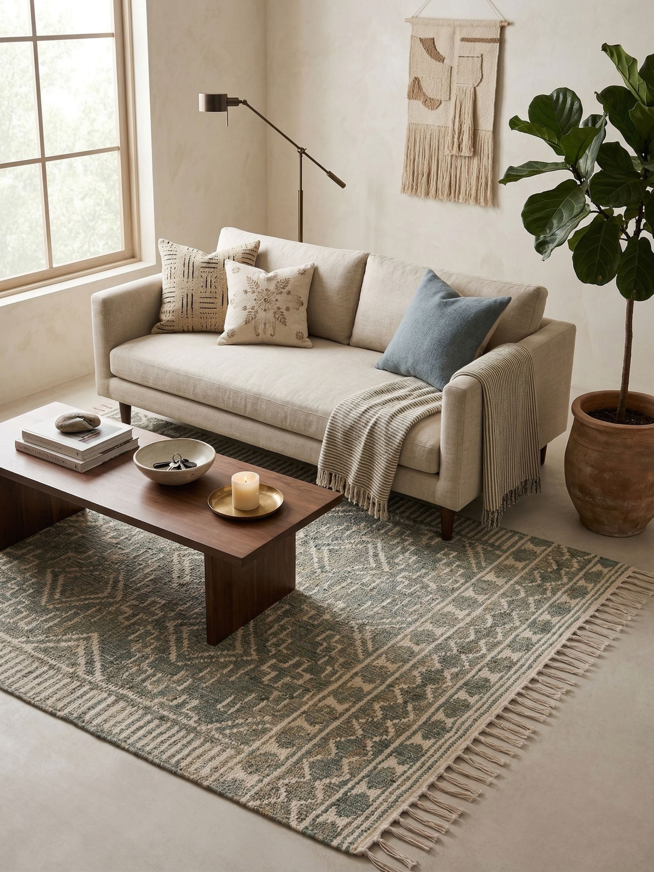 Handwoven 5x8 area rug in muted sage and ivory with geometric pattern styled in a neutral living room setting