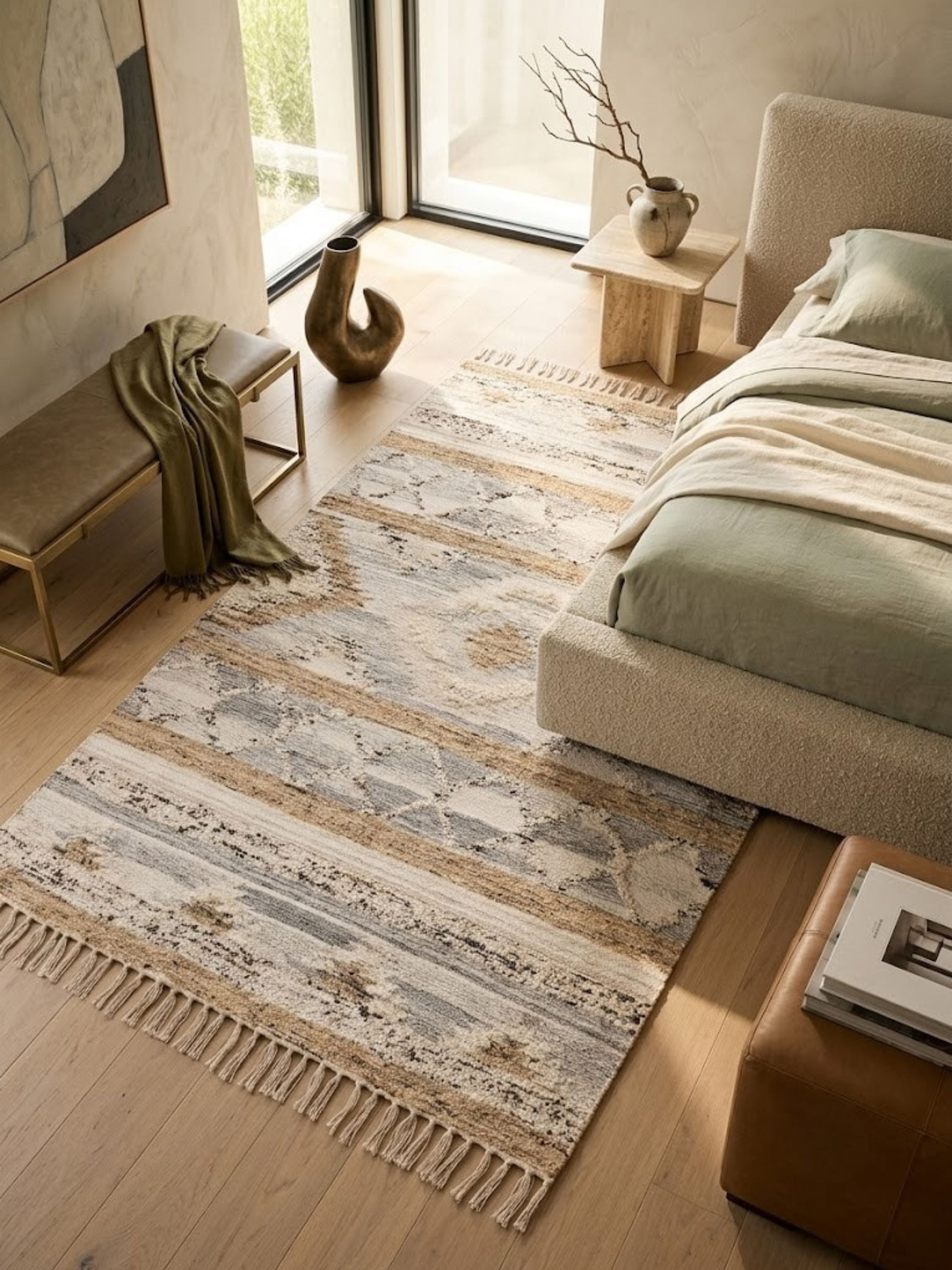 Wool, cotton, and jute rug, raised wool-loop motif texture, styled in a bedroom beside the bed.