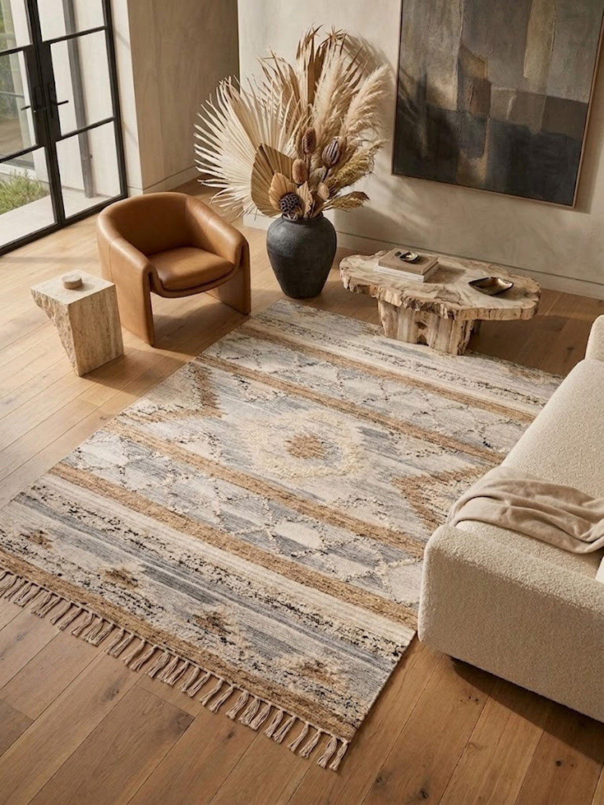 Wool, cotton, and jute rug, knotted fringe edge, styled in a living room.