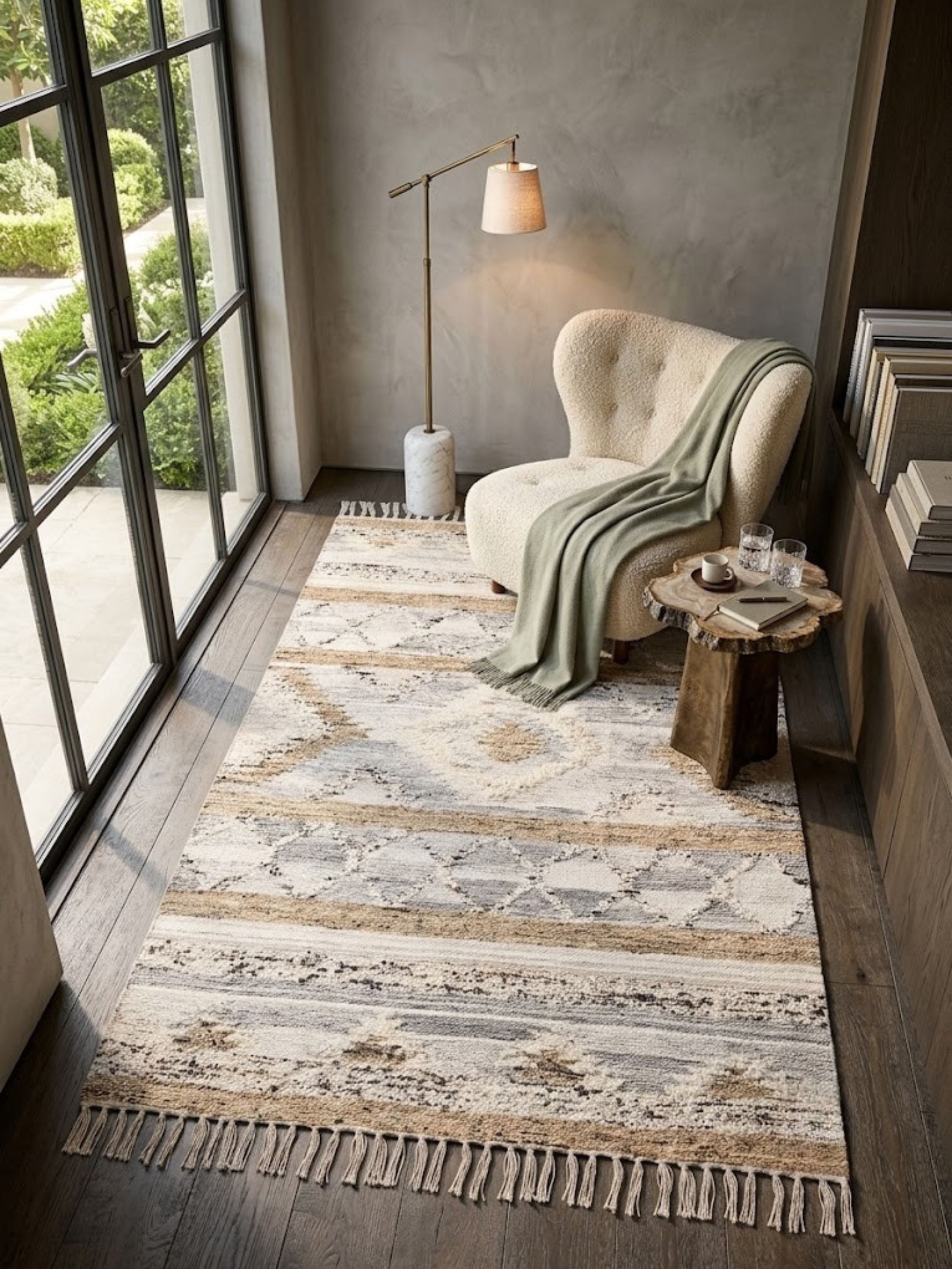 Wool, cotton, and jute rug, banded weave pattern, styled in a reading nook beside an armchair.