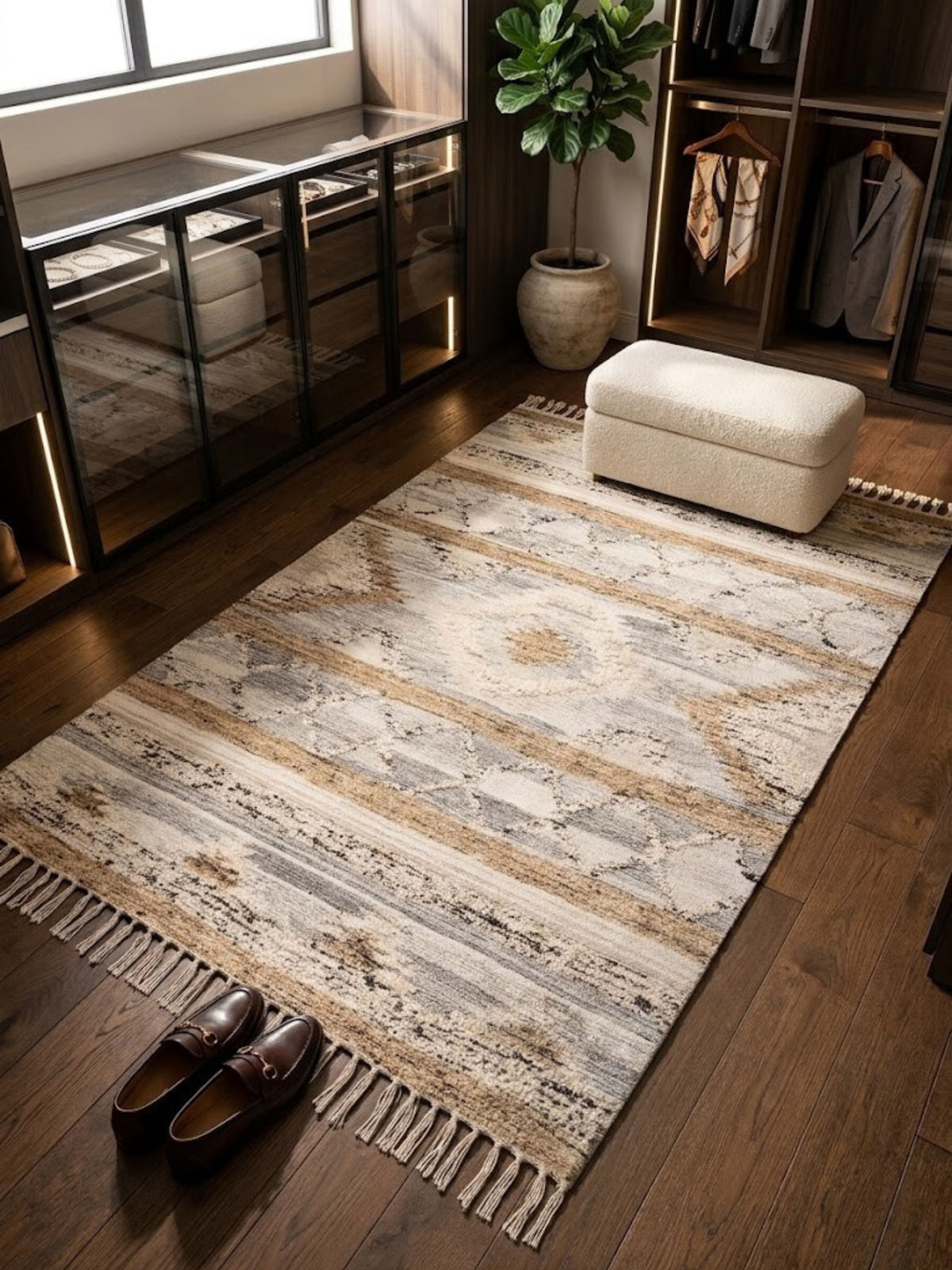 Flat-woven wool, cotton, and jute rug, banded weave pattern, styled in a walk-in closet.