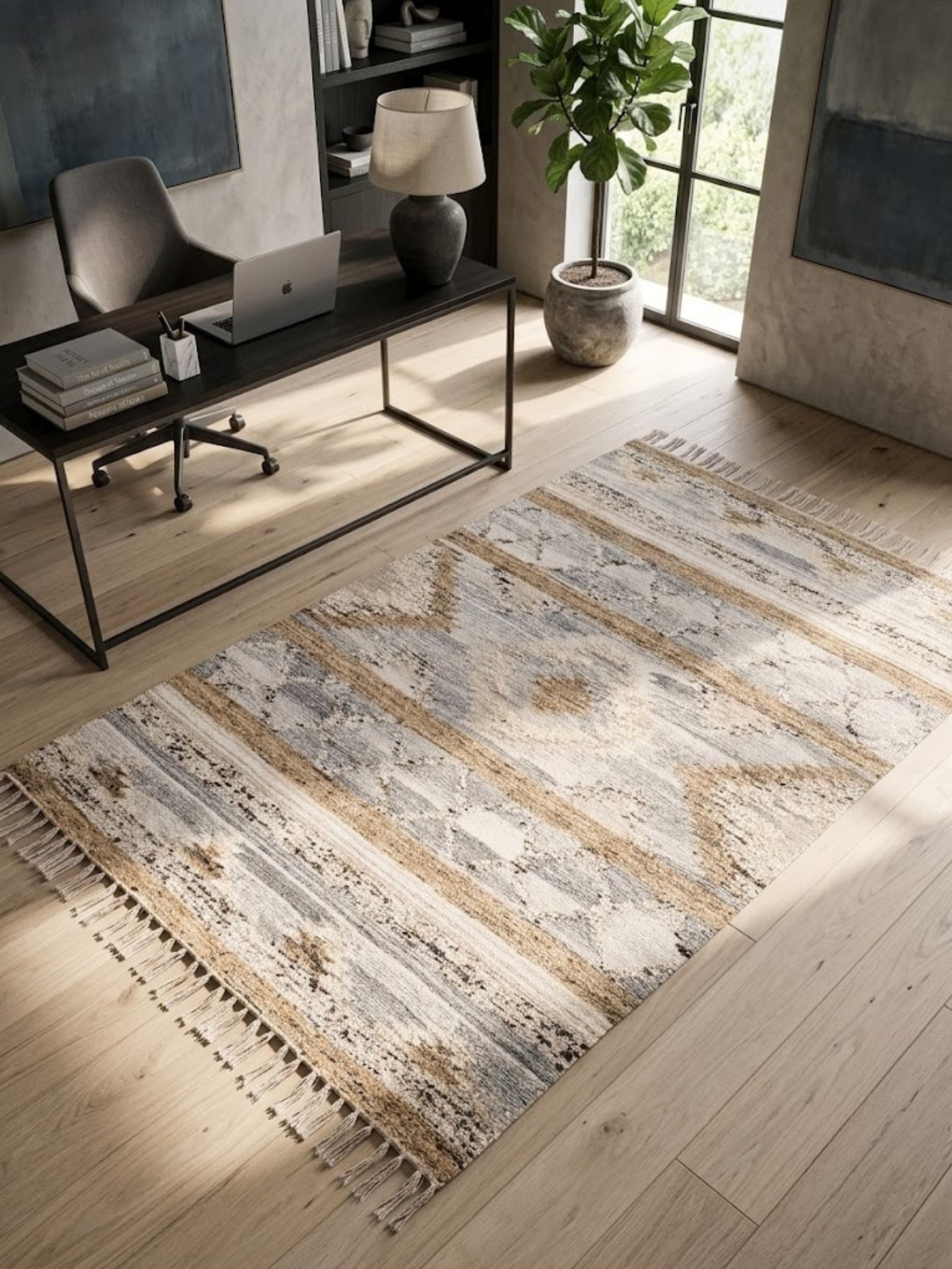 Wool, cotton, and jute rug, banded diamond motif, styled in a home office beneath a desk and chair.