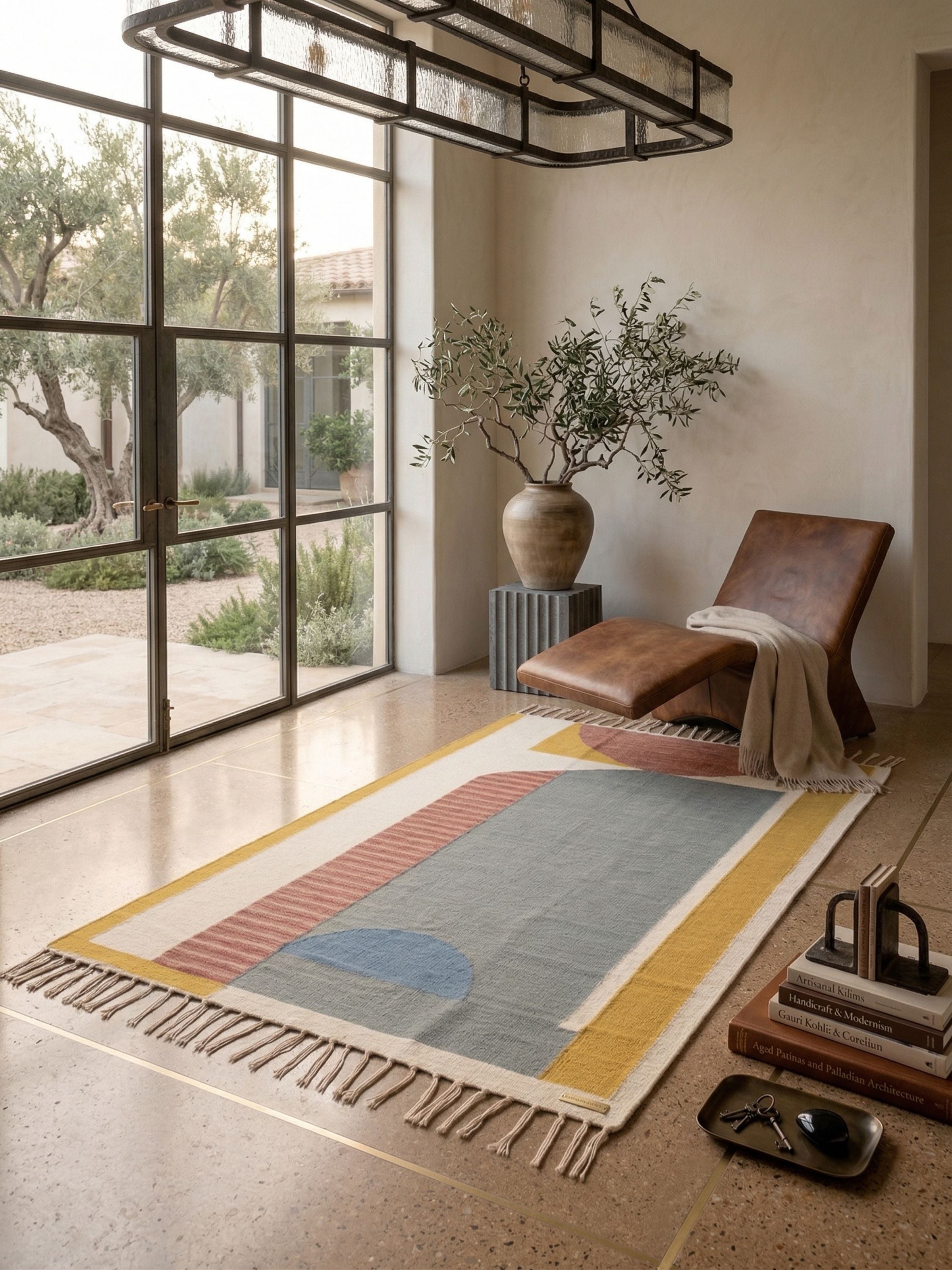 Cotton 5x8 area rug with geometric color block design in muted tones styled in a modern sunlit living space