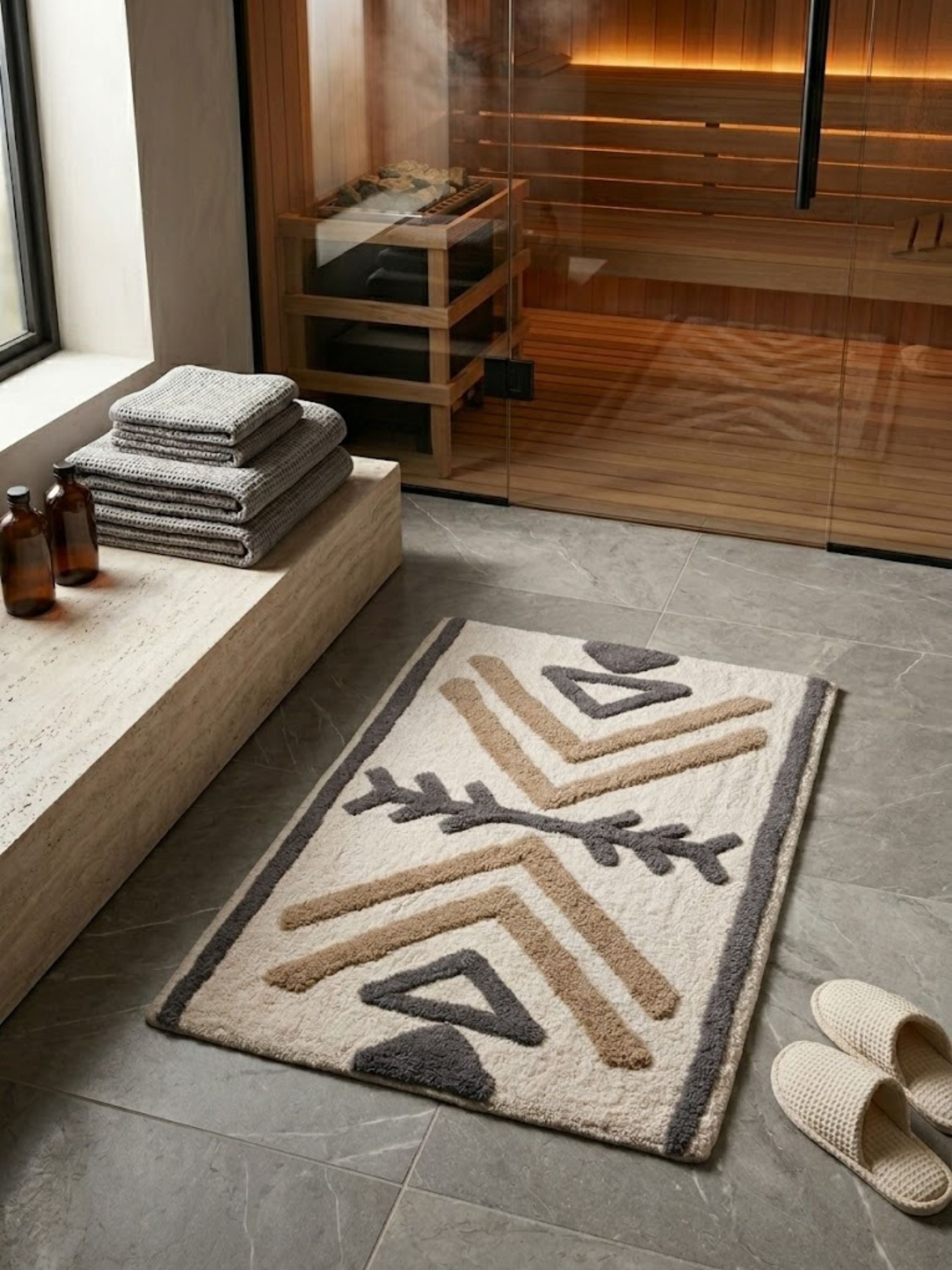 Geometric tufted bath mat featuring a raised tribal-inspired pattern in soft neutral tones, styled beside a stone soaking tub to bring texture, warmth, and artisanal character to the bathroom.