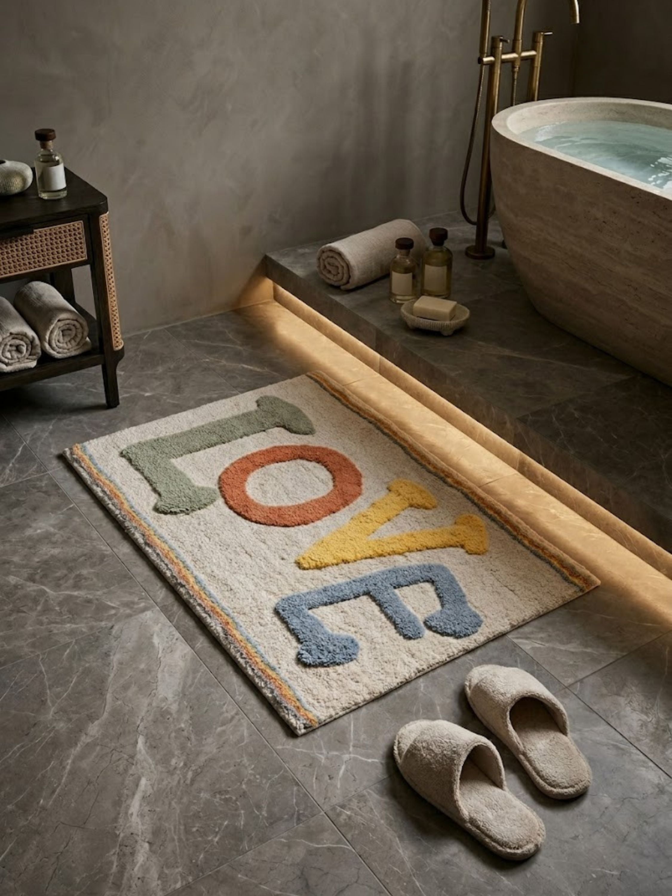 Contemporary LOVE bath rug with sculpted multicolor lettering on an ivory ground, placed beside a freestanding soaking tub to introduce comfort, character, and a relaxed modern aesthetic.