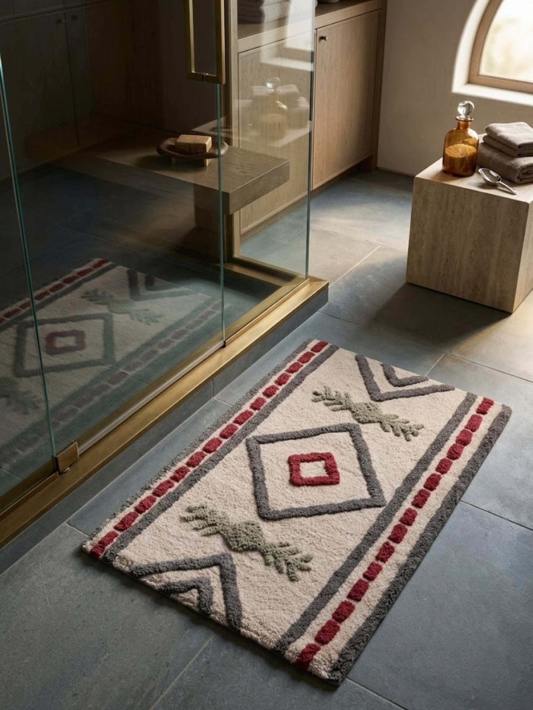 Textured geometric bath mat featuring raised diamond and arrow motifs in soft grey, sage, and muted berry tones, styled beside a glass shower enclosure to bring artisanal character to a modern spa-inspired bathroom.